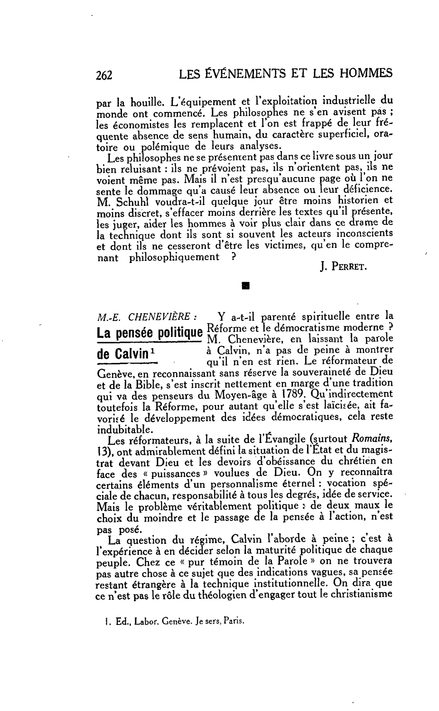 LA PENSÉE ENGAGÉE. M.-E. CHENEVIÈRE : La pensée politique de Calvin
