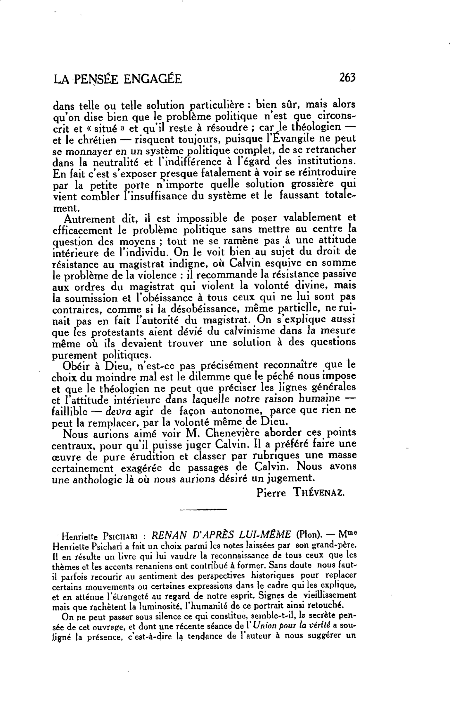 LA PENSÉE ENGAGÉE. Henriette Psichari : RENAN D’APRÈS LUI-MÊME