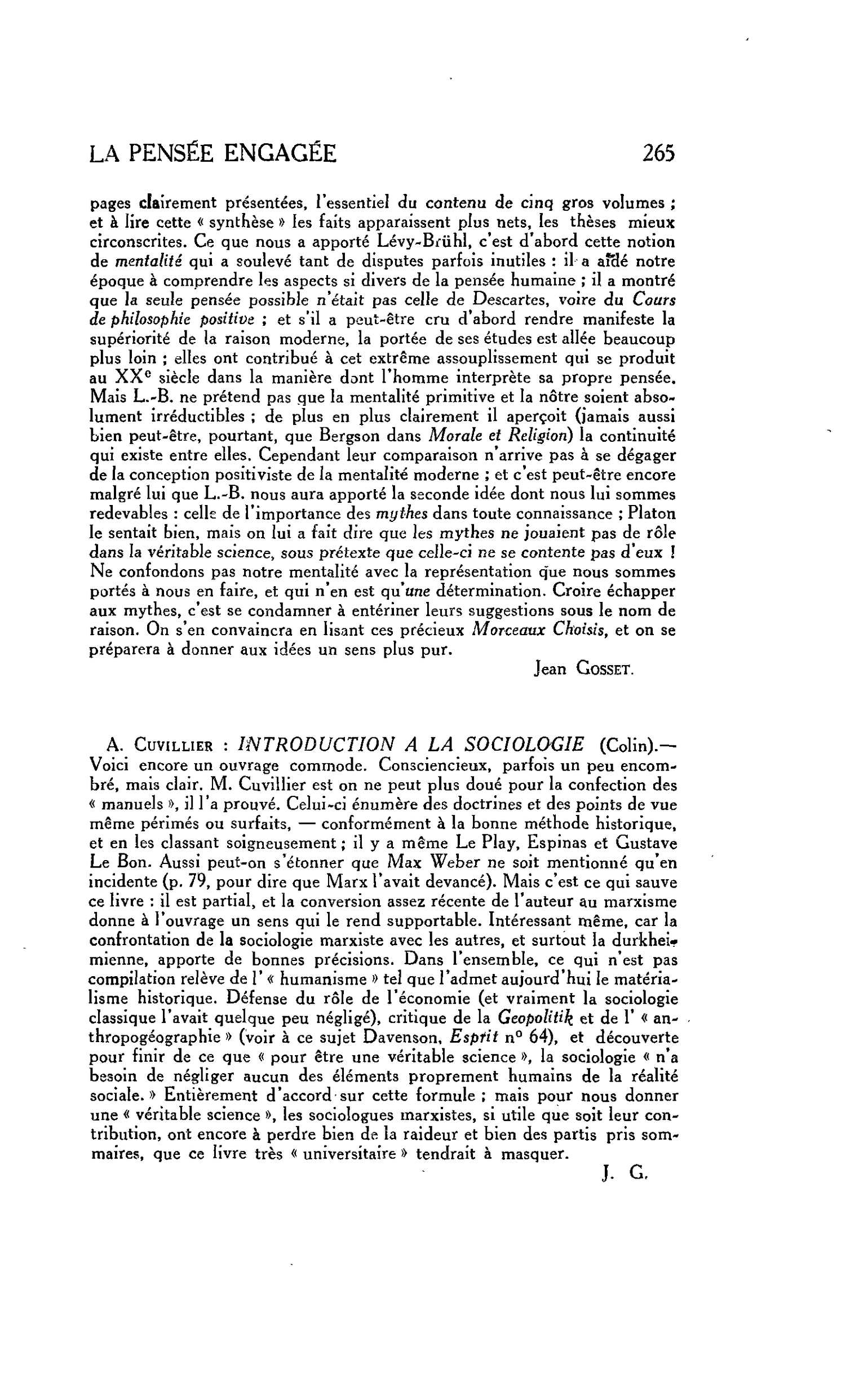 LA PENSÉE ENGAGÉE. A. Cuvillier : INTRODUCTION A LA SOCIOLOGIE