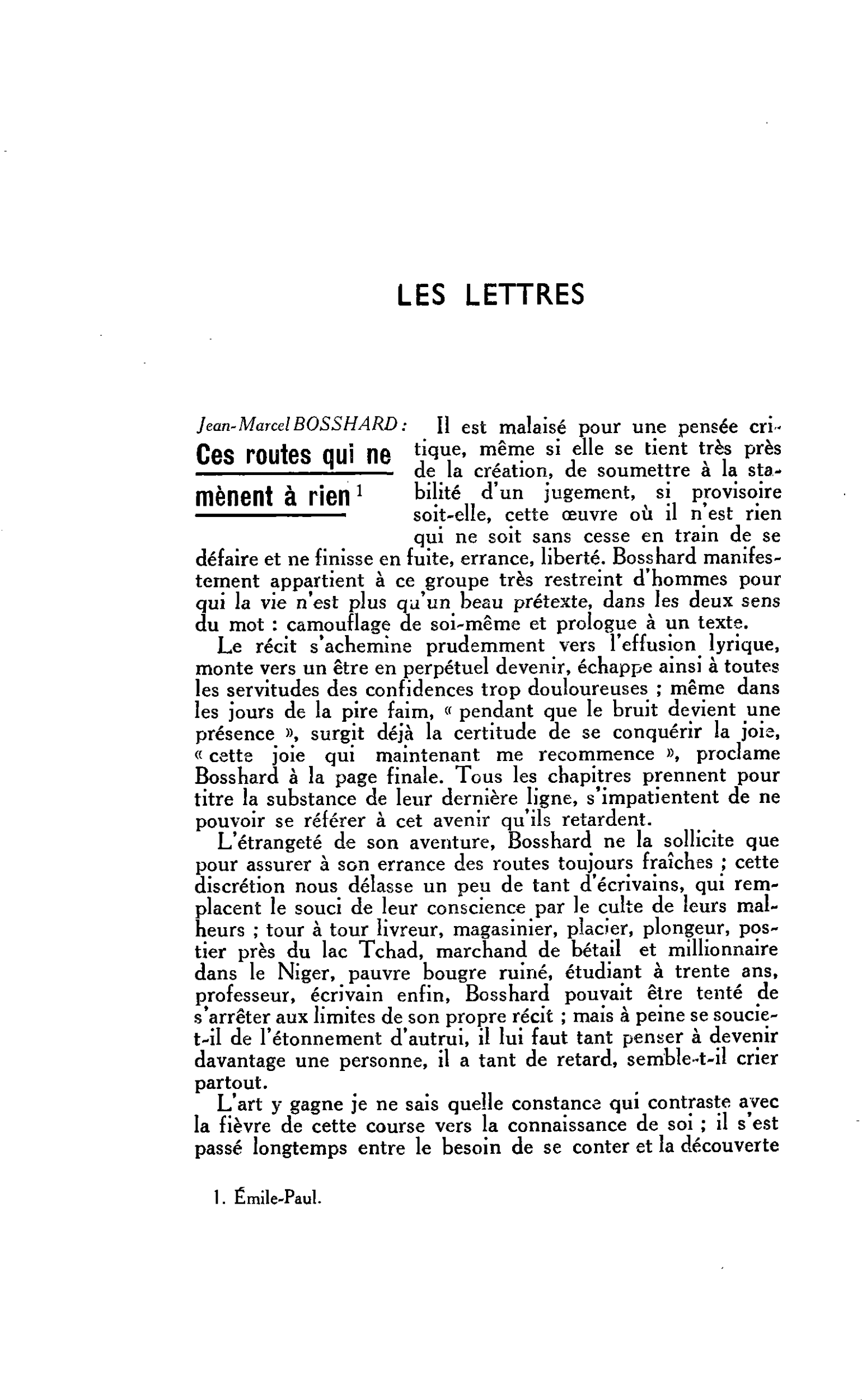 LES LETTRES. Jean- Marcel BOSSHARD : Ces routes qui ne mènent à rien