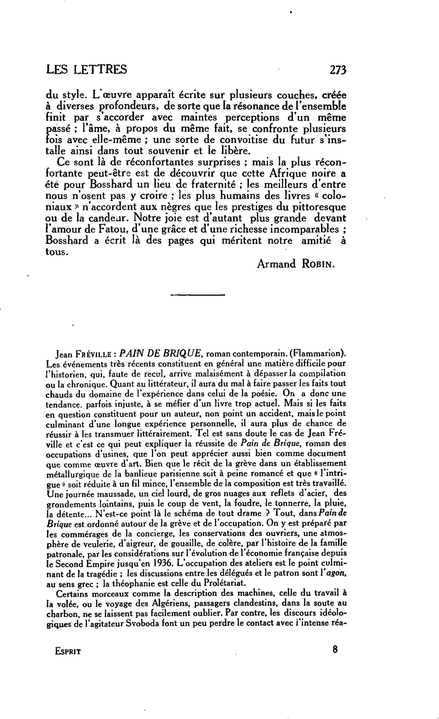 LES LETTRES. Jean FRÉVILLE : PAIN DE BRIQUE