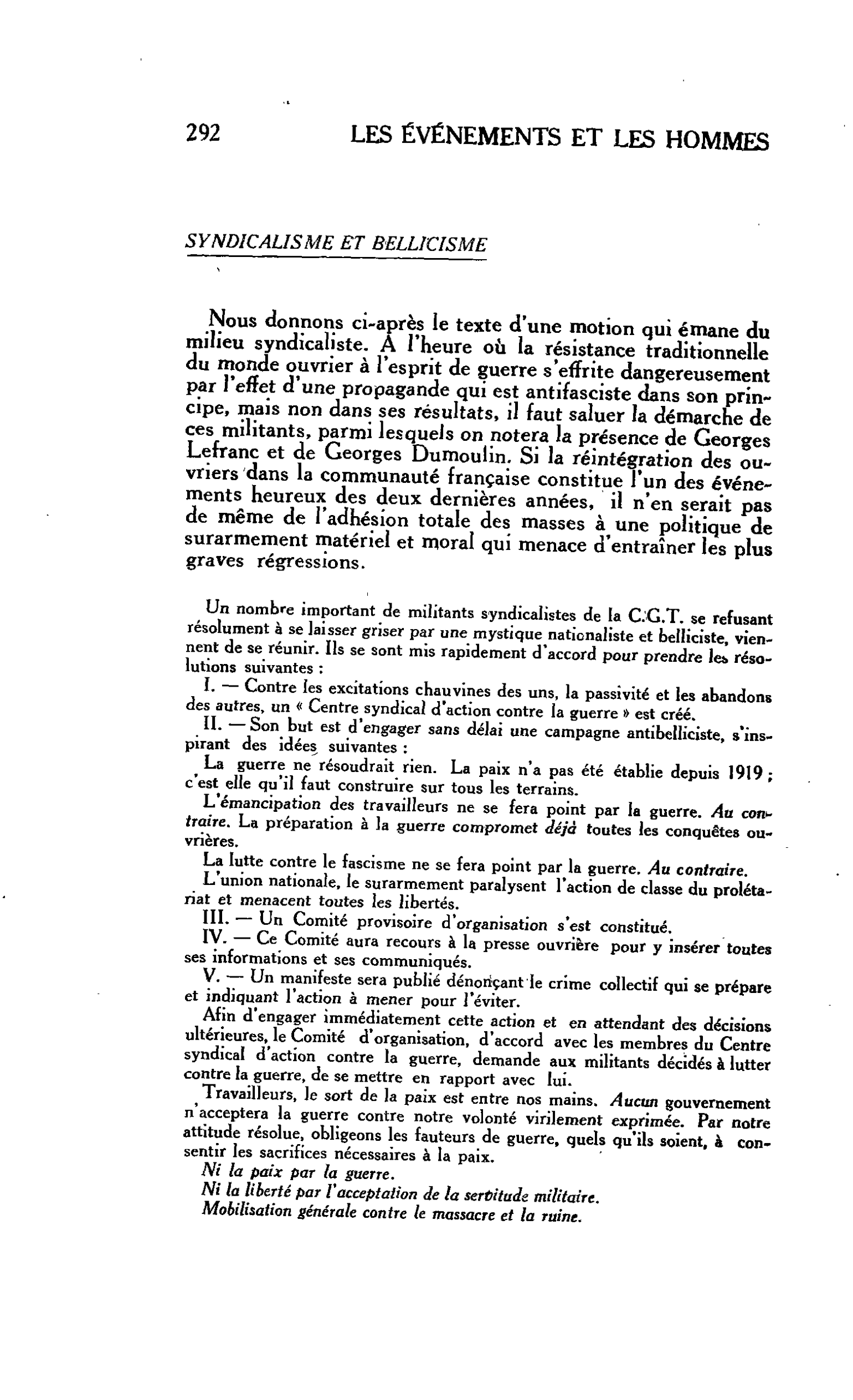 LA CITÉ : SYNDICALISME ET BELLICISME
