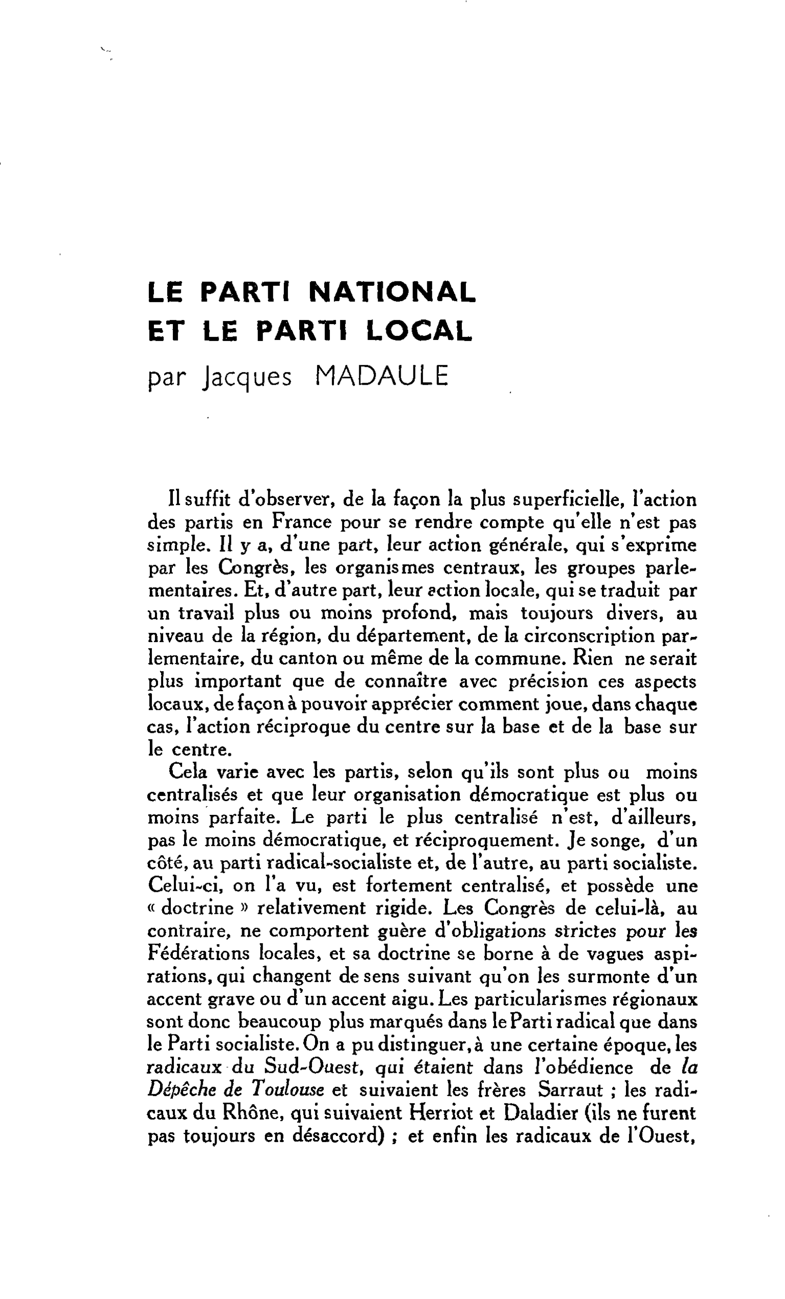 LE PARTI NATIONAL ET LE PARTI LOCAL