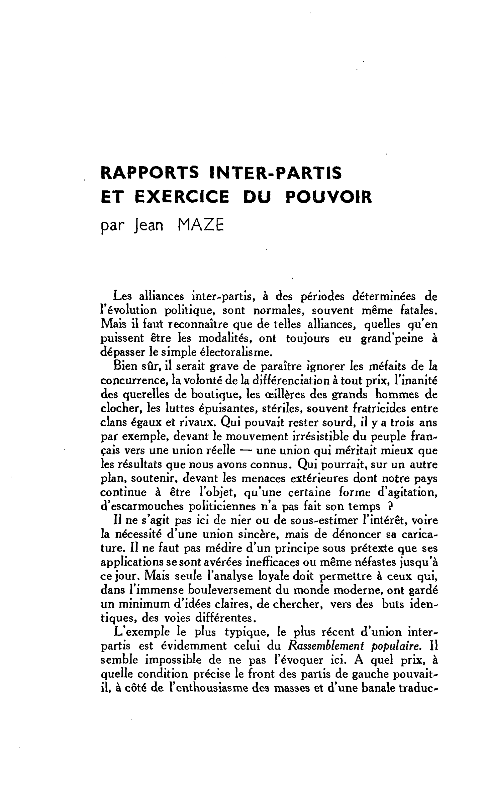 RAPPORTS INTER-PARTIS ET EXERCICE DU POUVOIR