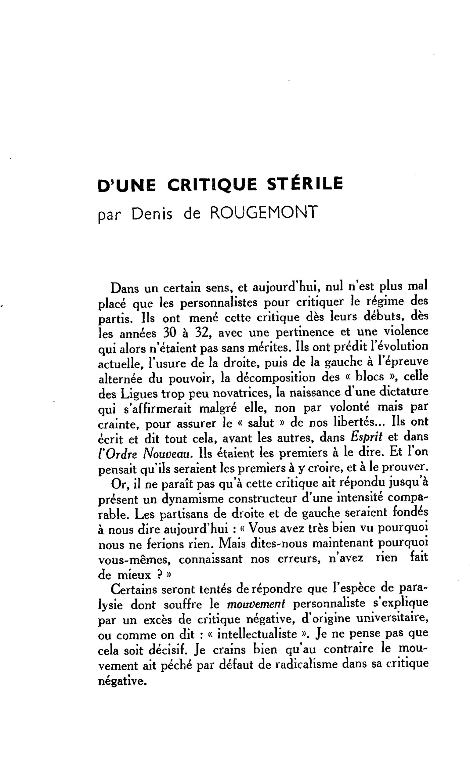 D’UNE CRITIQUE STÉRILE