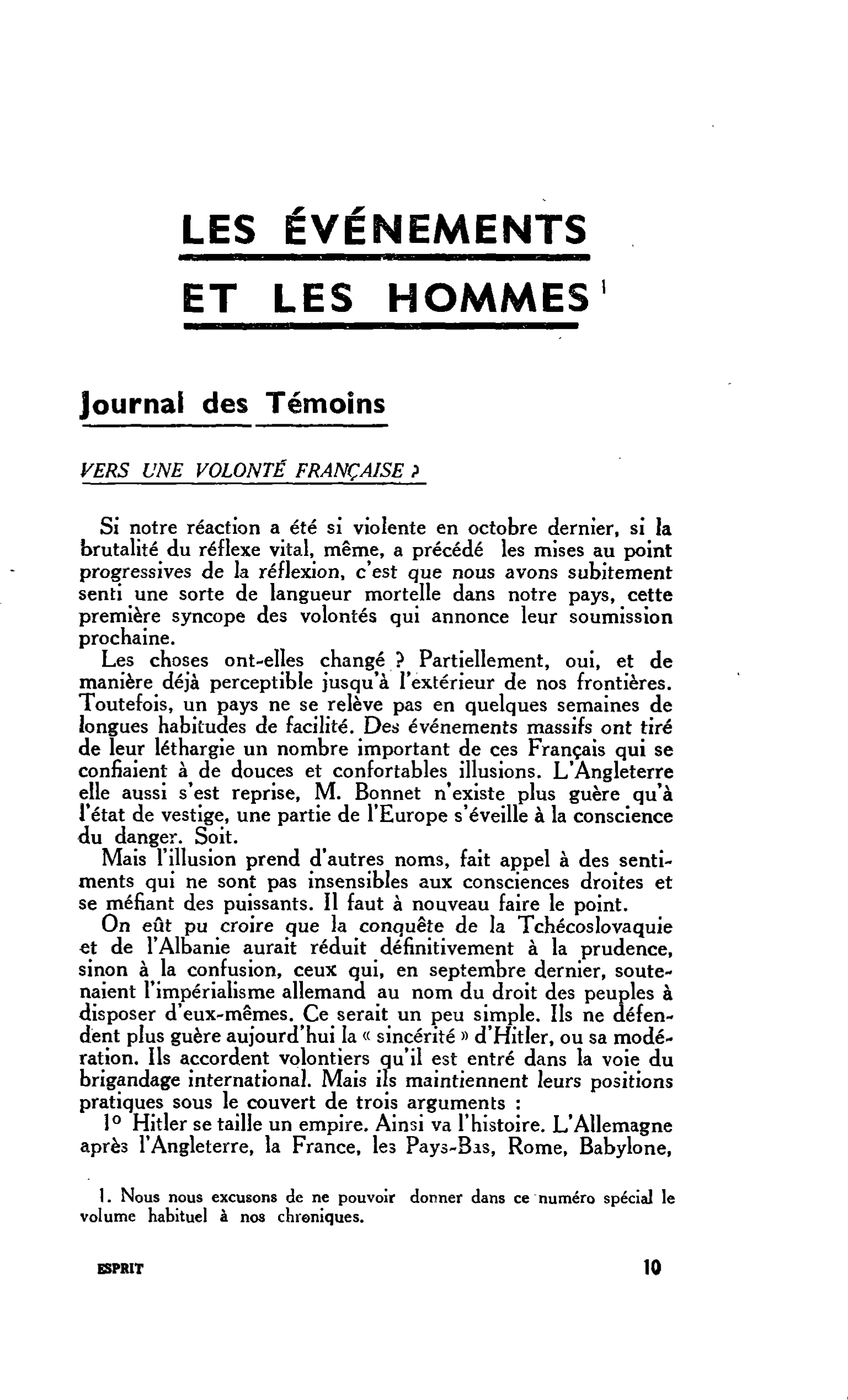 Journal des Témoins : VERS UNE VOLONTÉ FRANÇAISE ?