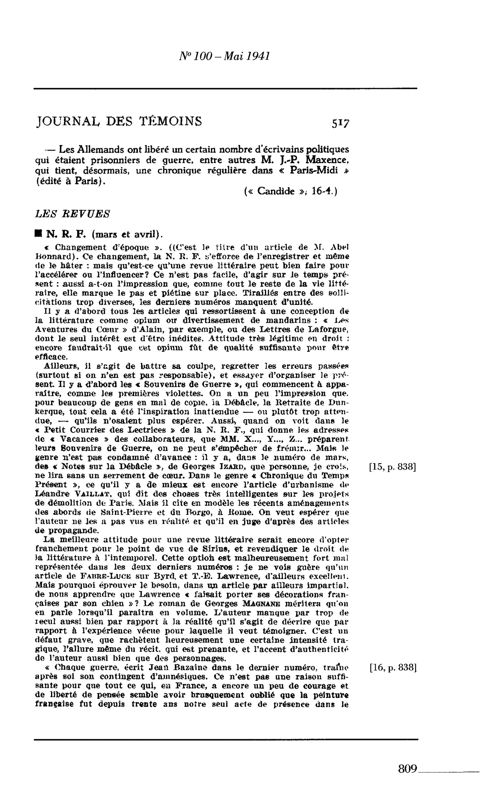 Journal des Témoins : LES REVUES N. R. F. (mars et avril)