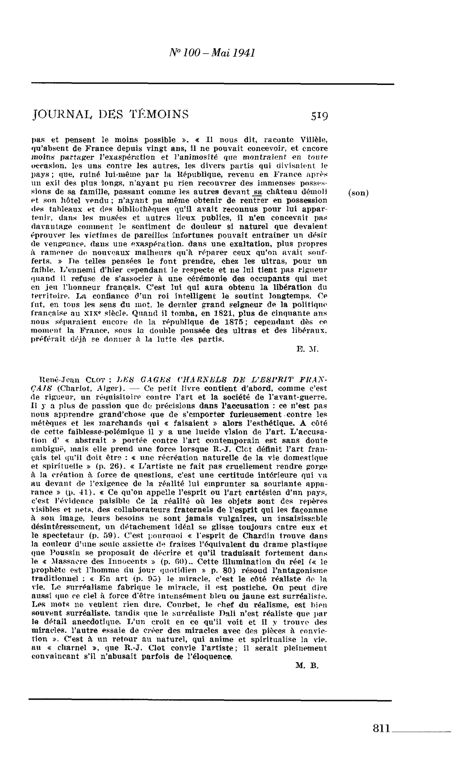 Journal des Témoins. René-Jean CLOT: LES GAGES CHARNELS DE L’ESPRIT FRANÇAIS