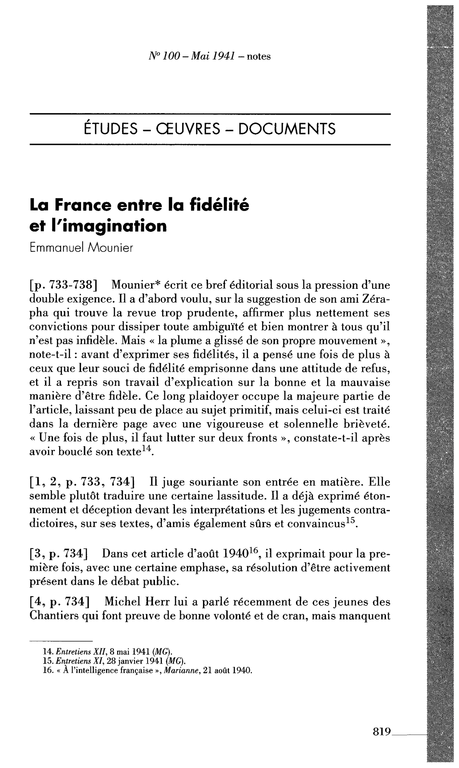 La France entre la fidélité et l’imagination (par Mounier Emmanuel)
