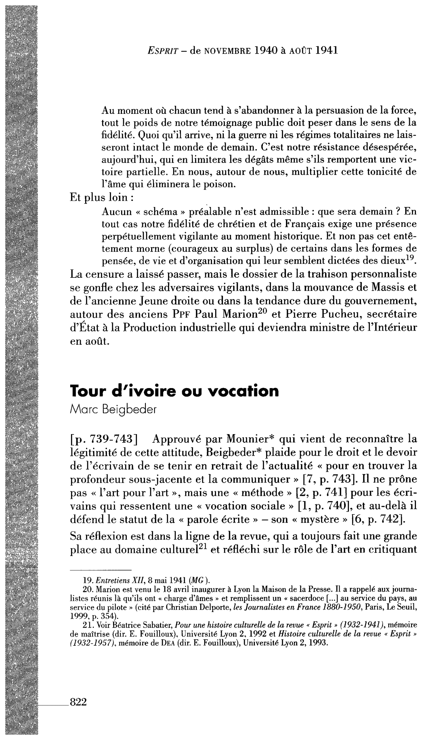 Tour d’ivoire ou vocation (par Beigbeder Marc)