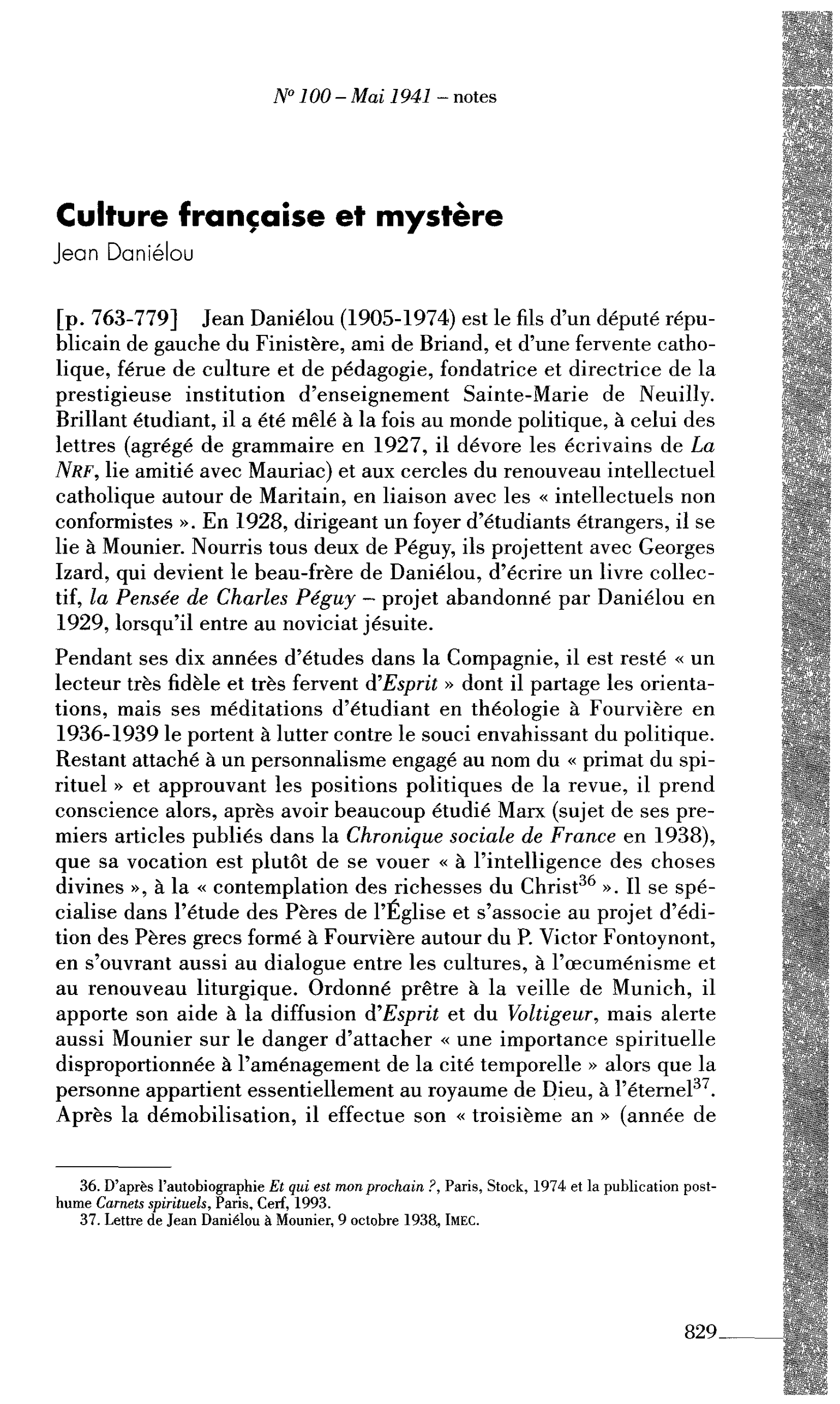 Culture française et mystère (par Daniélou Jean)