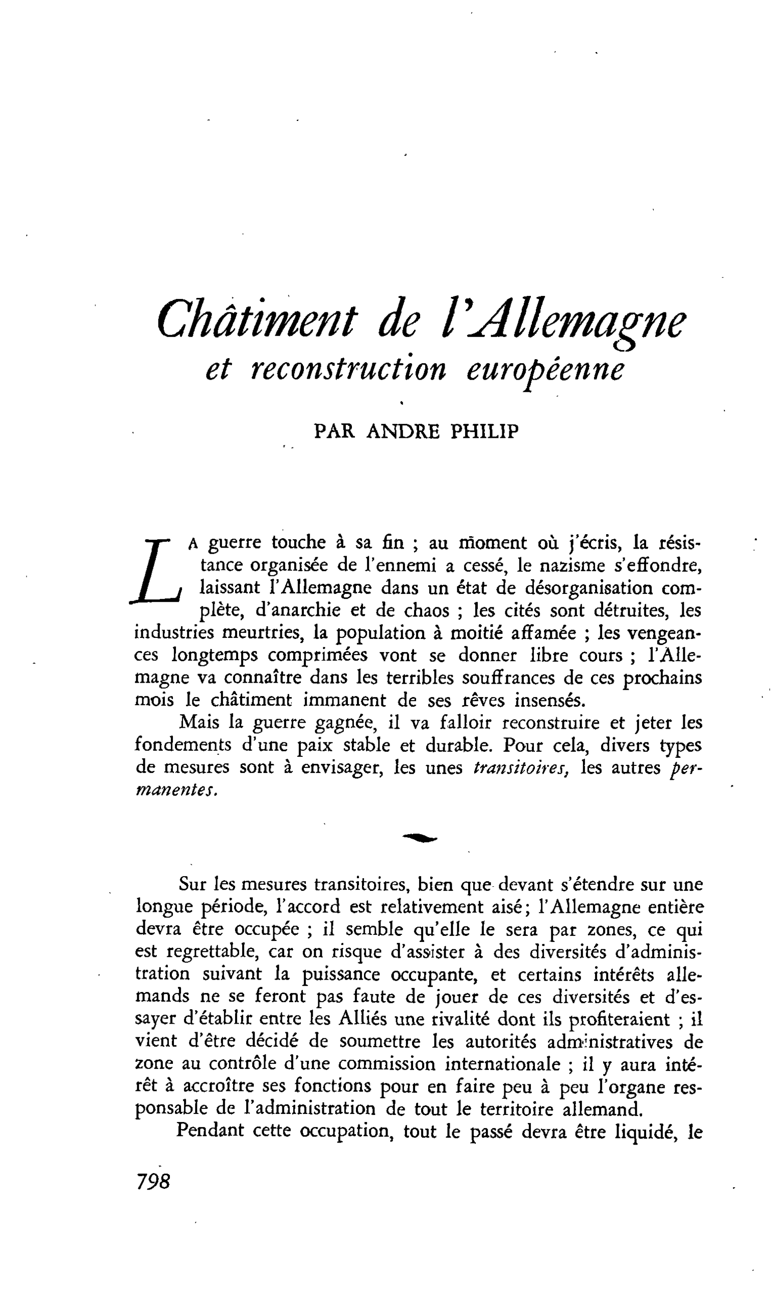 Châtiment de l’Allemagne et reconstruction européenne