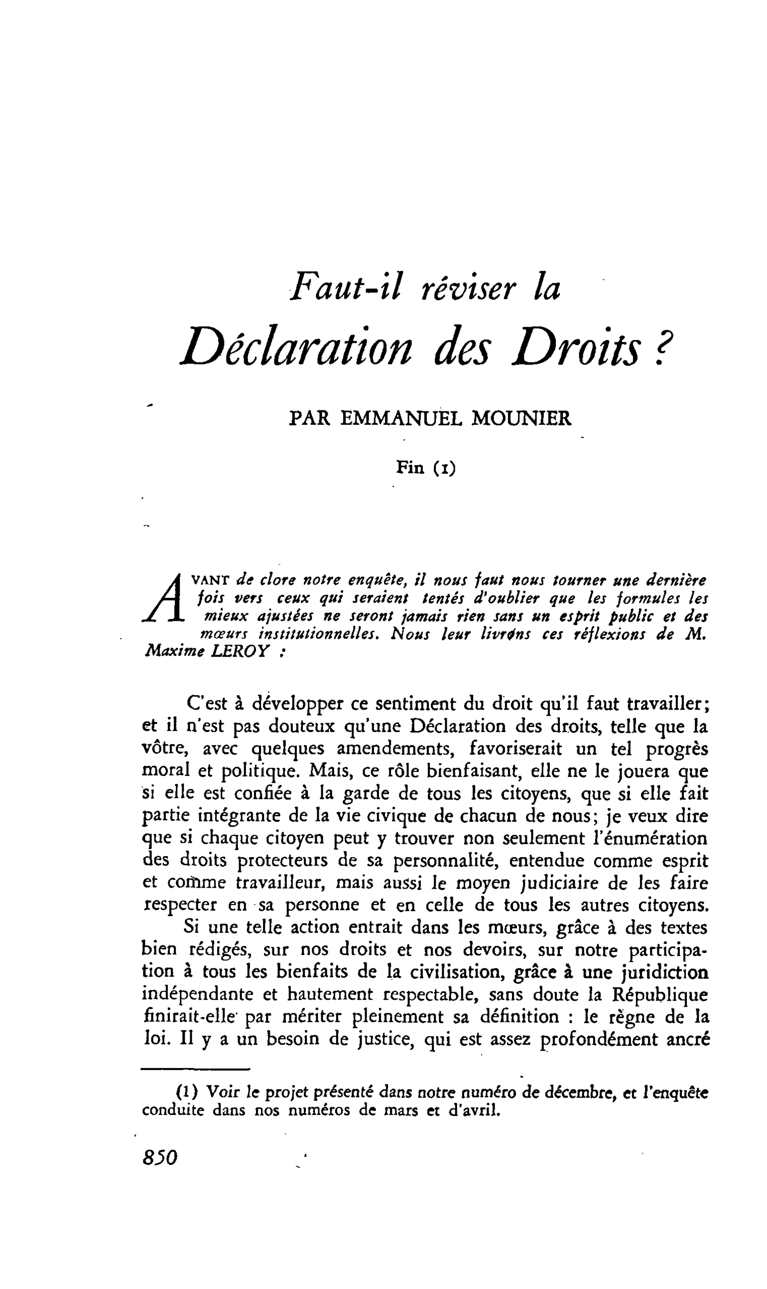 Faut-il réviser la Déclaration des Droits ? Fin (I)