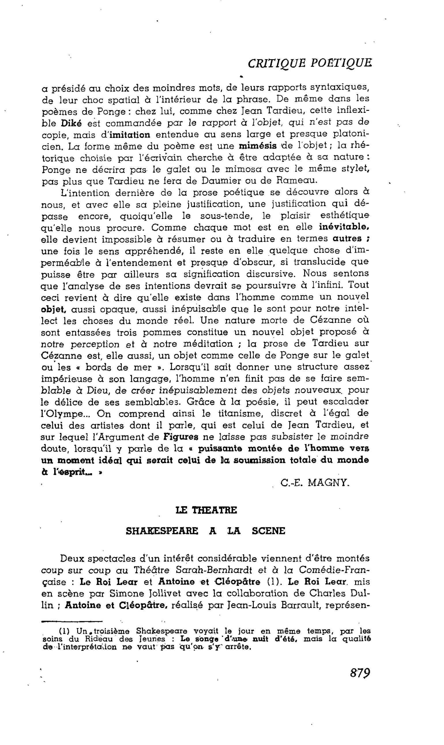 LES LETTRES : LE THEATRE SHAKESPEARE A LA SCENE