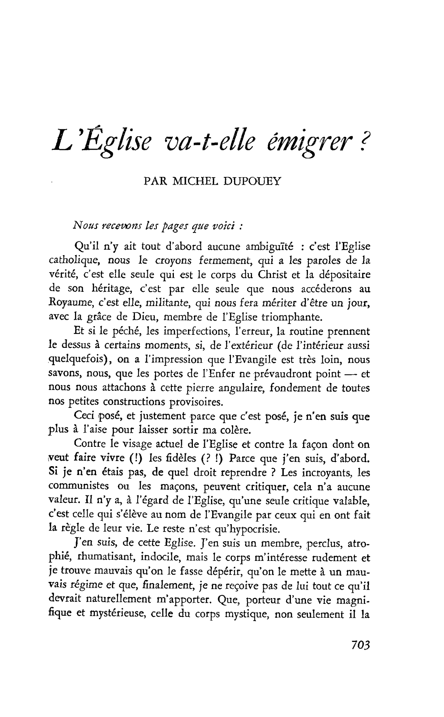 L’Église va-t-elle émigrer ?