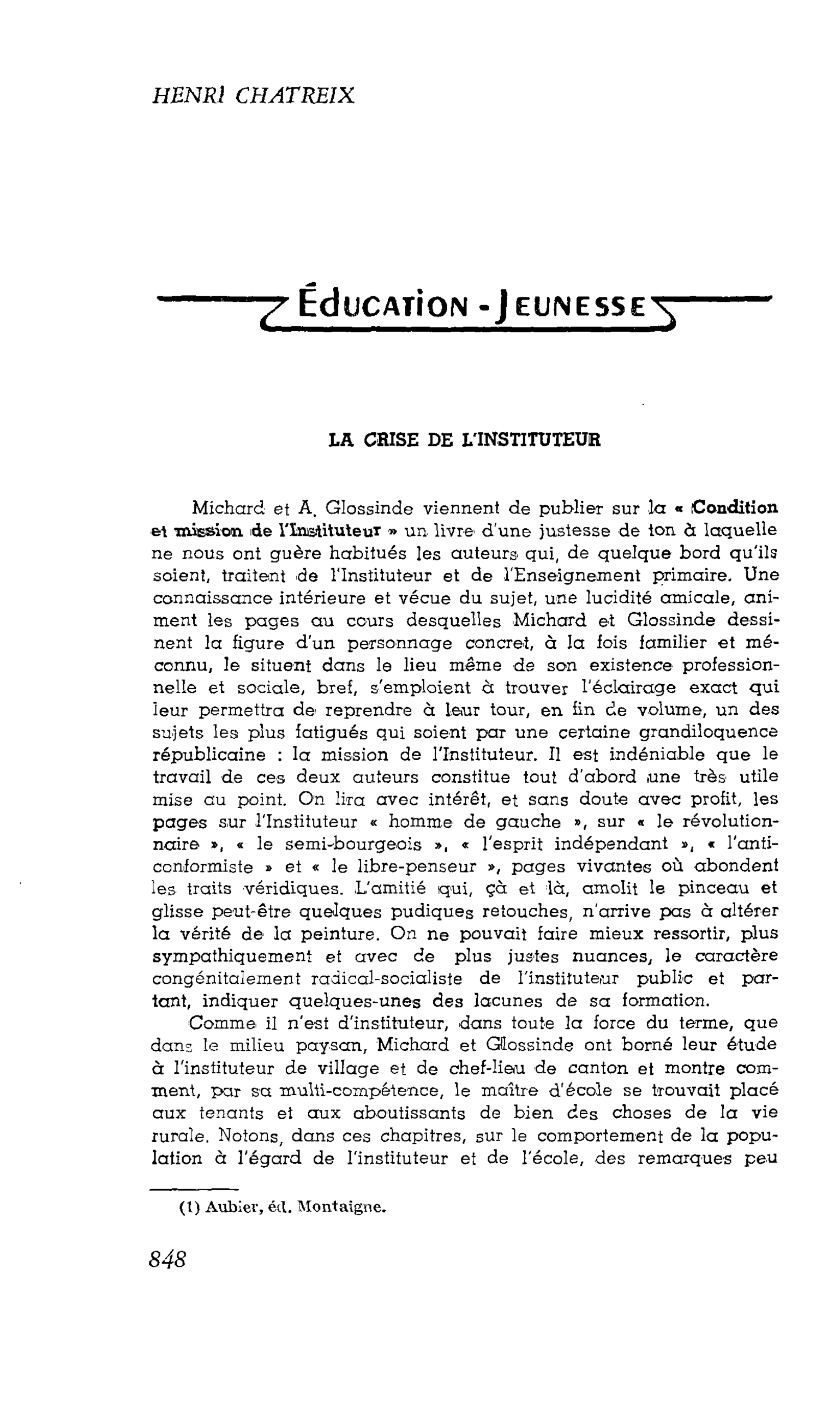 ÉDUCATION - JEUNESSE : LA CRISE DE L’INSTITUTEUR
