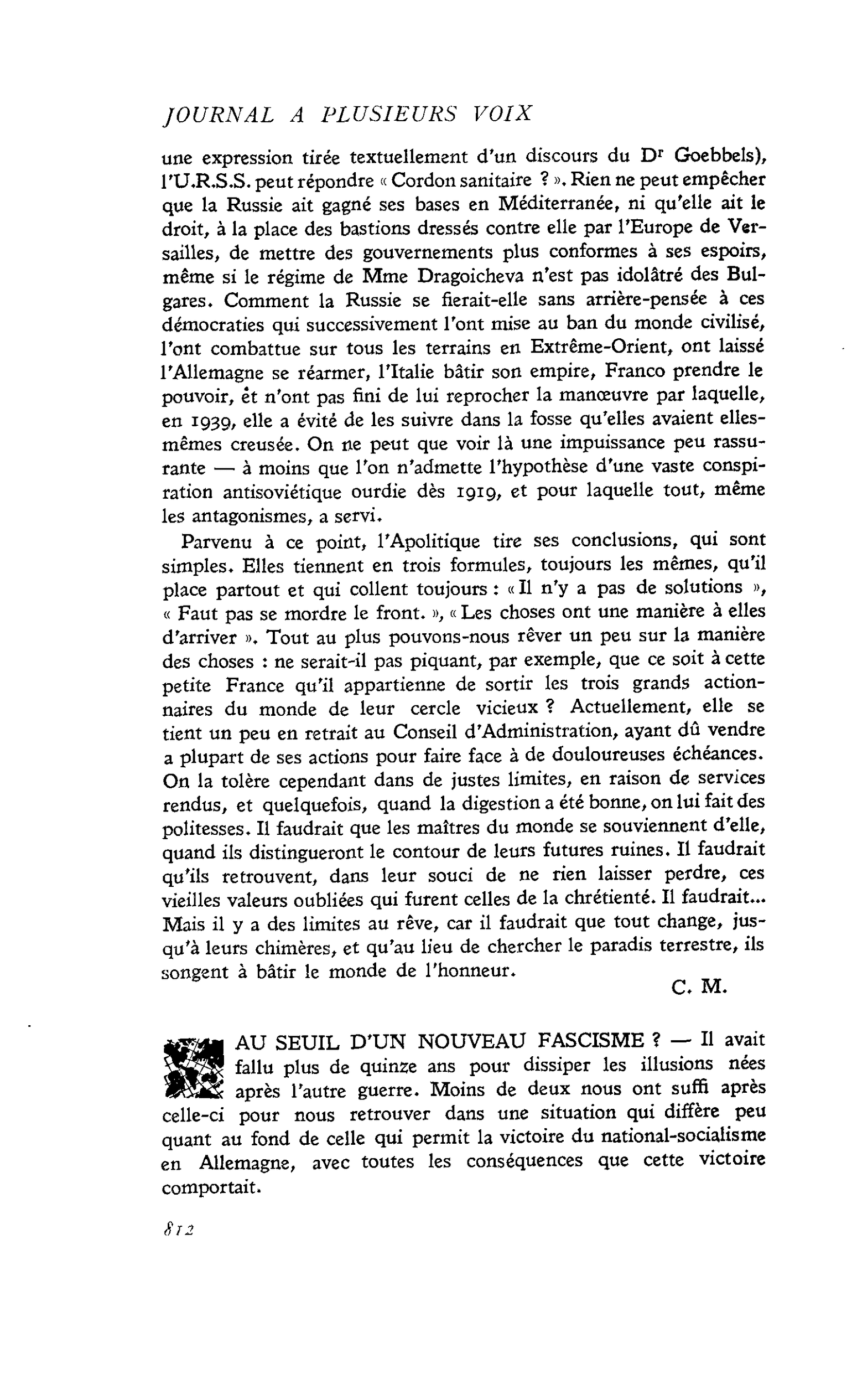 AU SEUIL D’UN NOUVEAU FASCISME ?