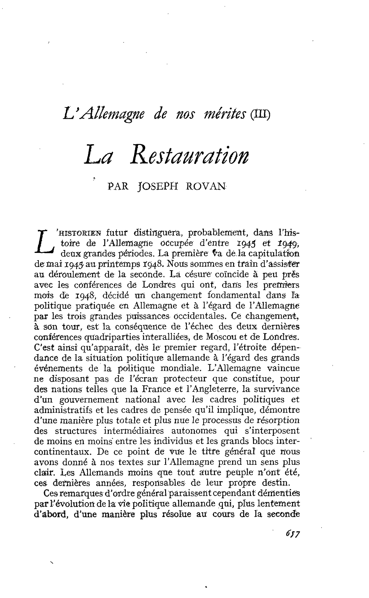 L’Allemagne de nos mérites (III) : La Restauration
