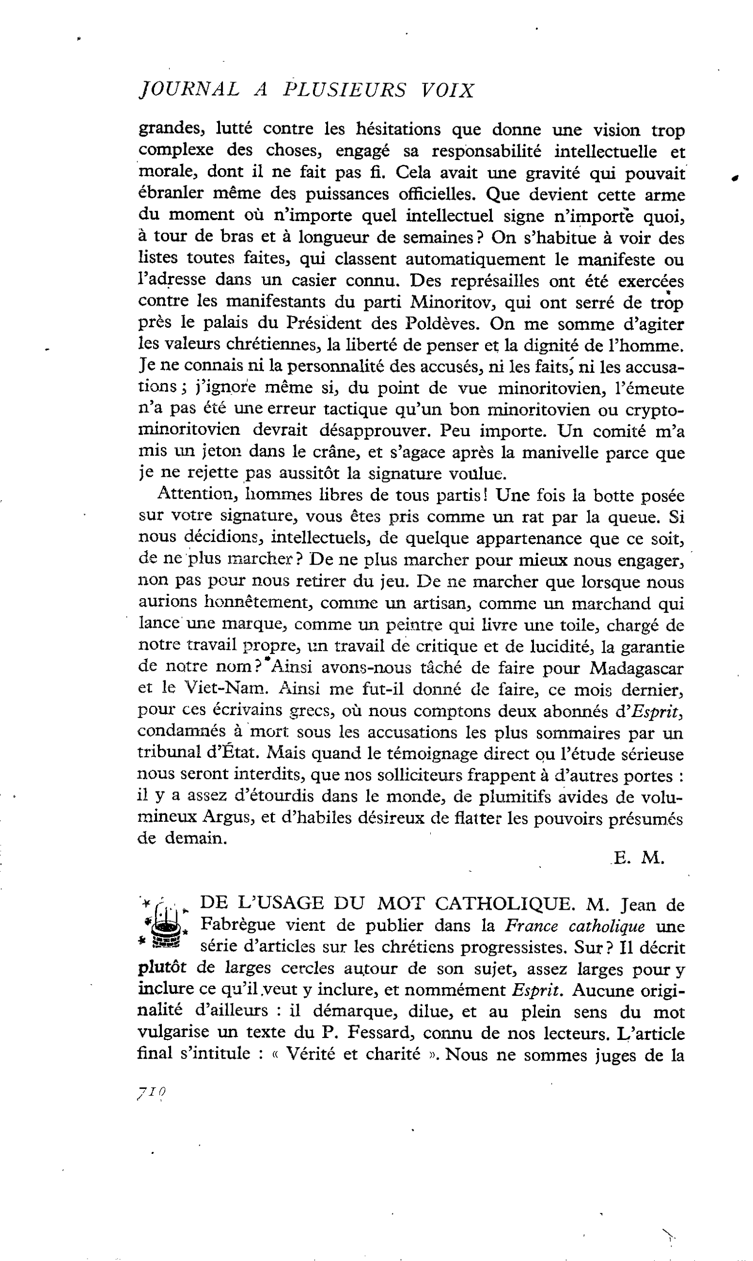 DE L’USAGE DU MOT CATHOLIQUE