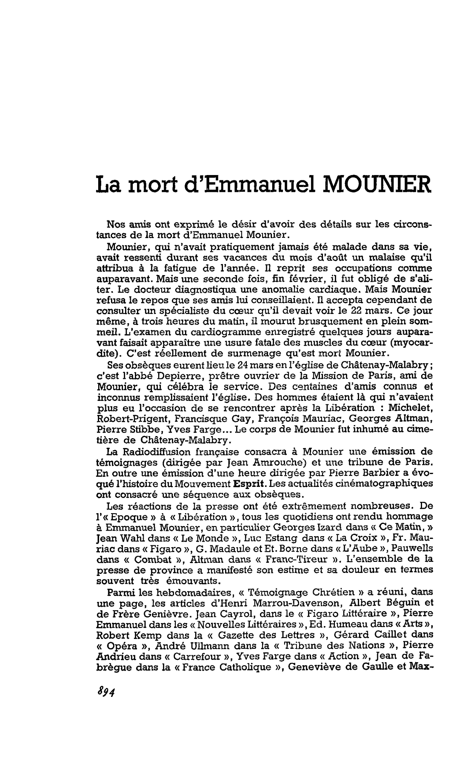 La mort d’Emmanuel MOUNIER