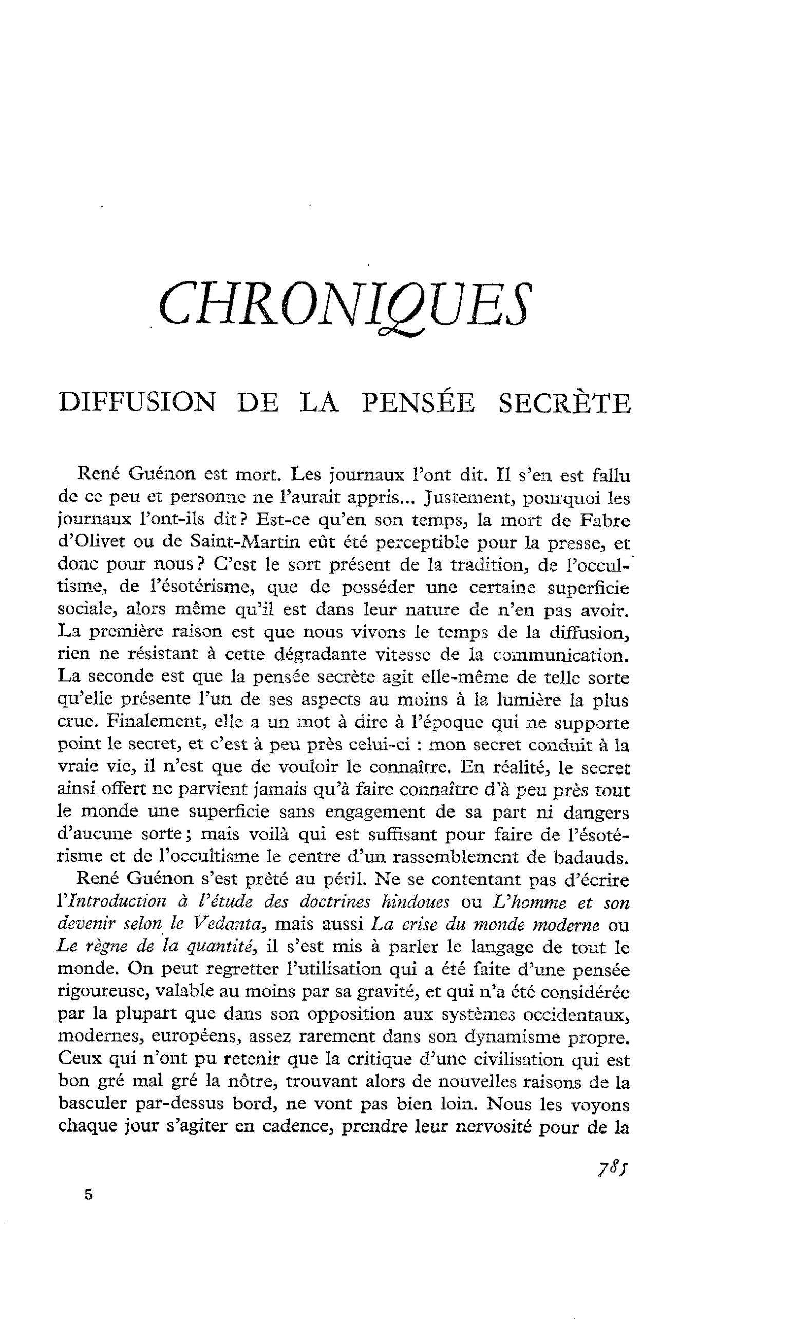 DIFFUSION DE LA PENSÉE SECRÈTE