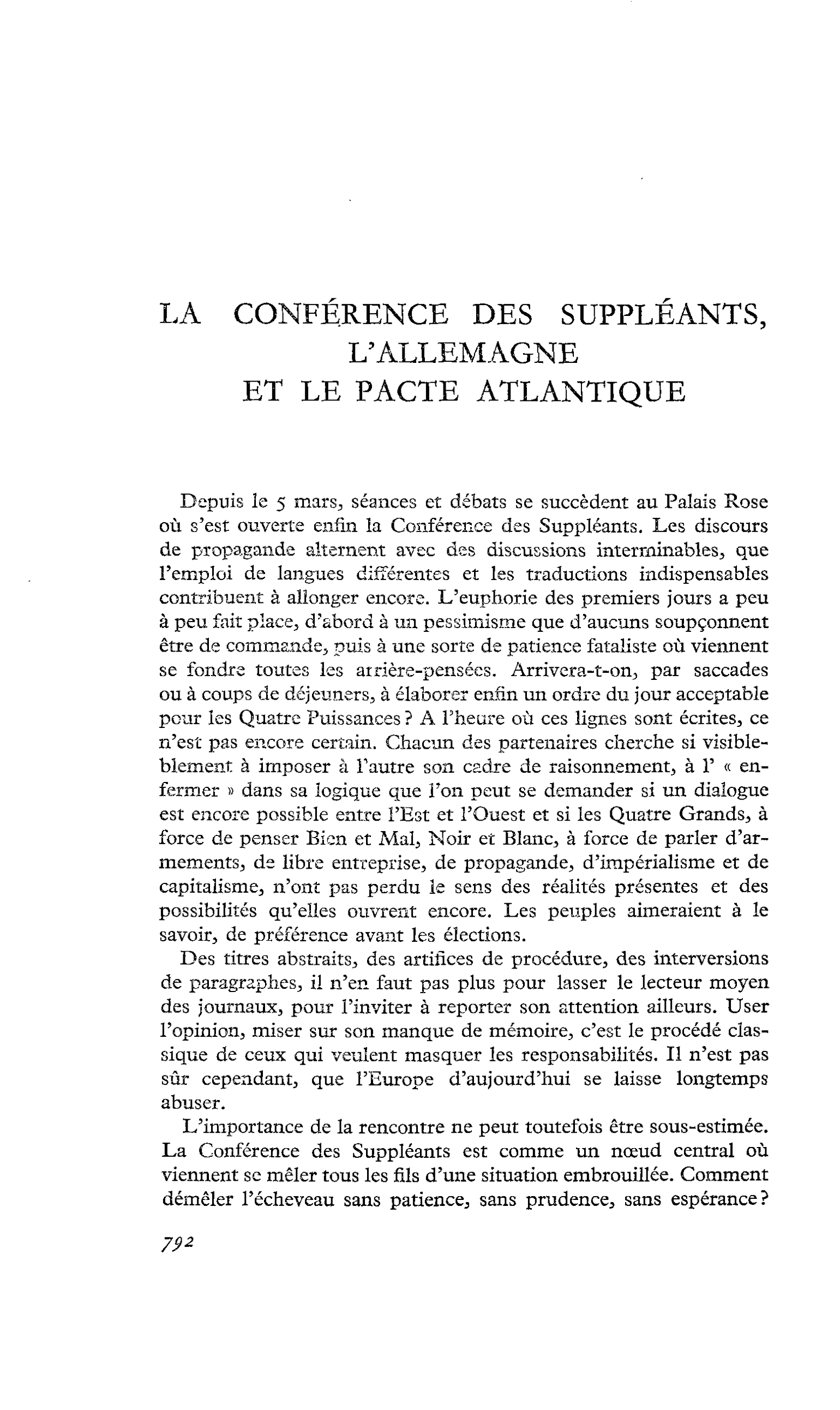 LA CONFÉRENCE DES SUPPLÉANTS, L’ALLEMAGNE ET LE PACTE ATLANTIQUE