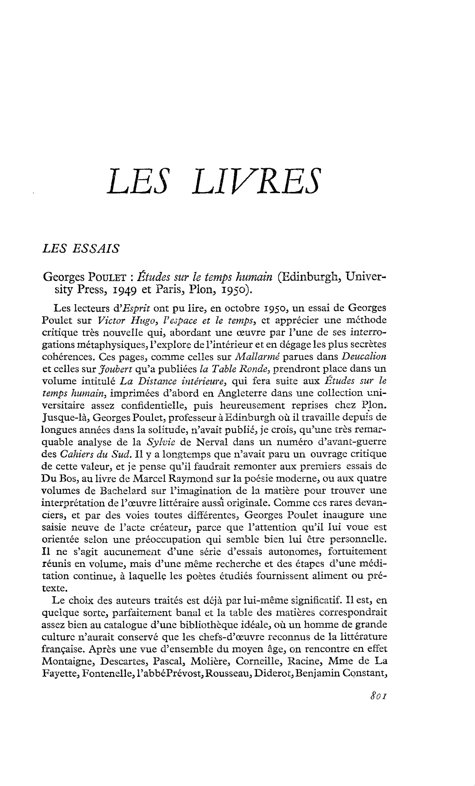 LES ESSAIS. Georges Poulet : Études sur le temps humain