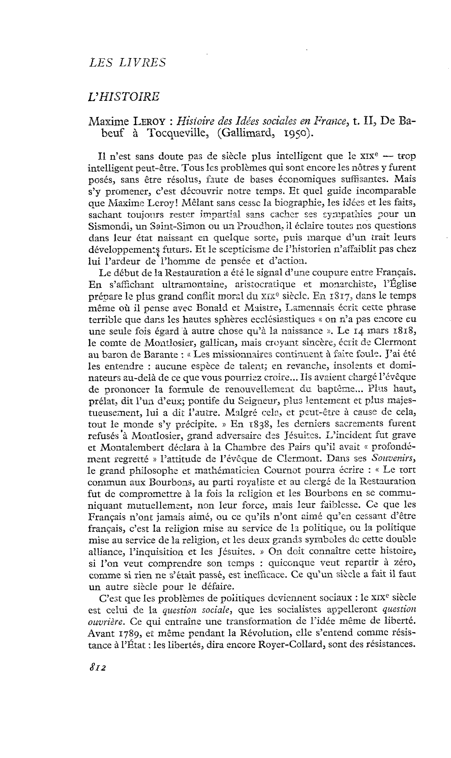 Maxime Leroy : Histoire des Idées sociales en France, t. II, De Babeuf à Tocqueville