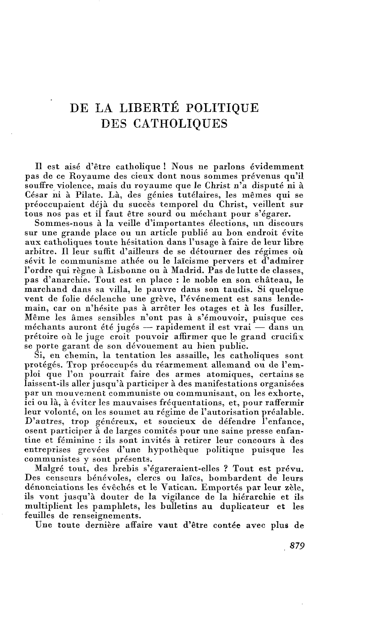 De la liberté politique des catholiques