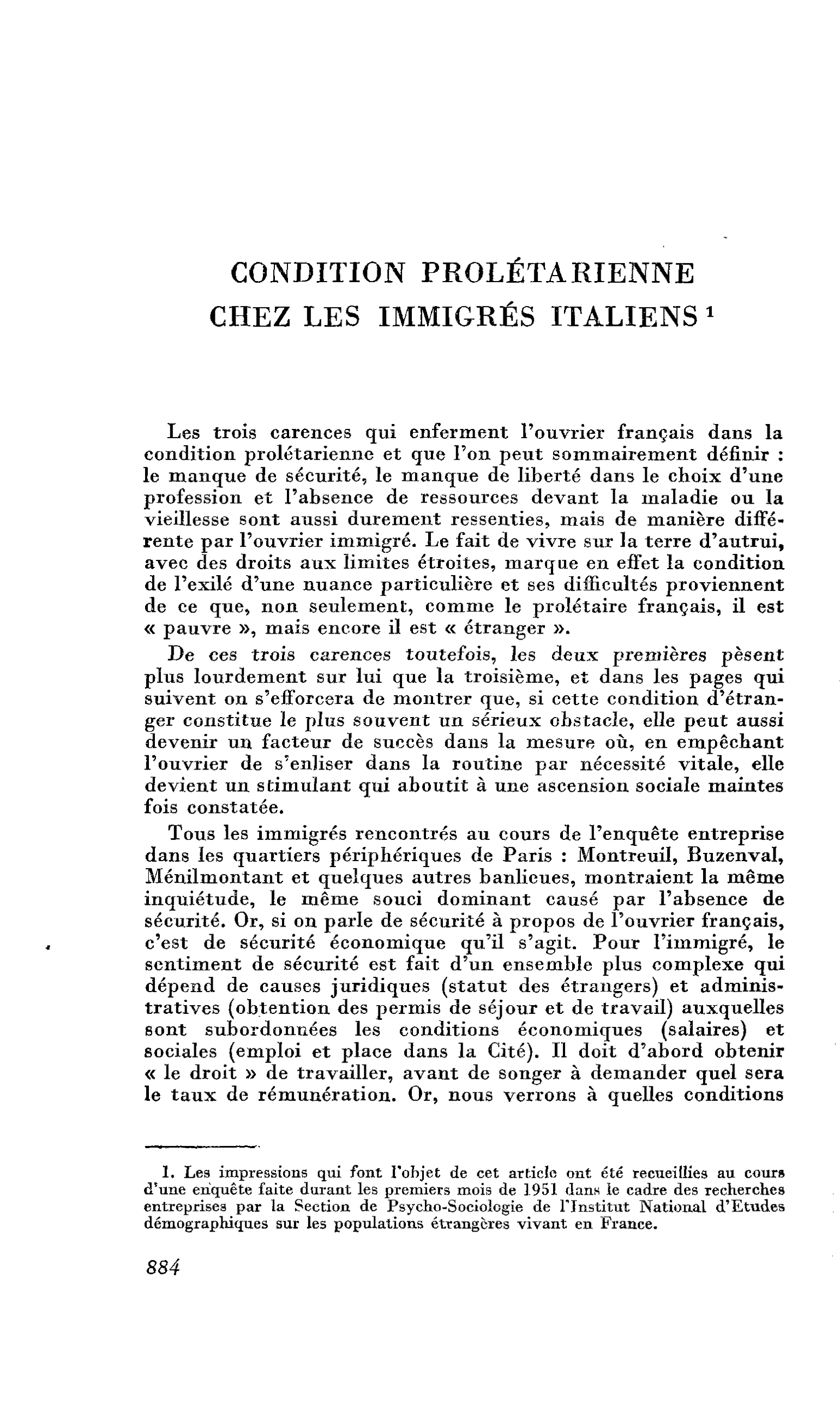CONDITION PROLÉTARIENNE CHEZ LES IMMIGRÉS ITALIENS