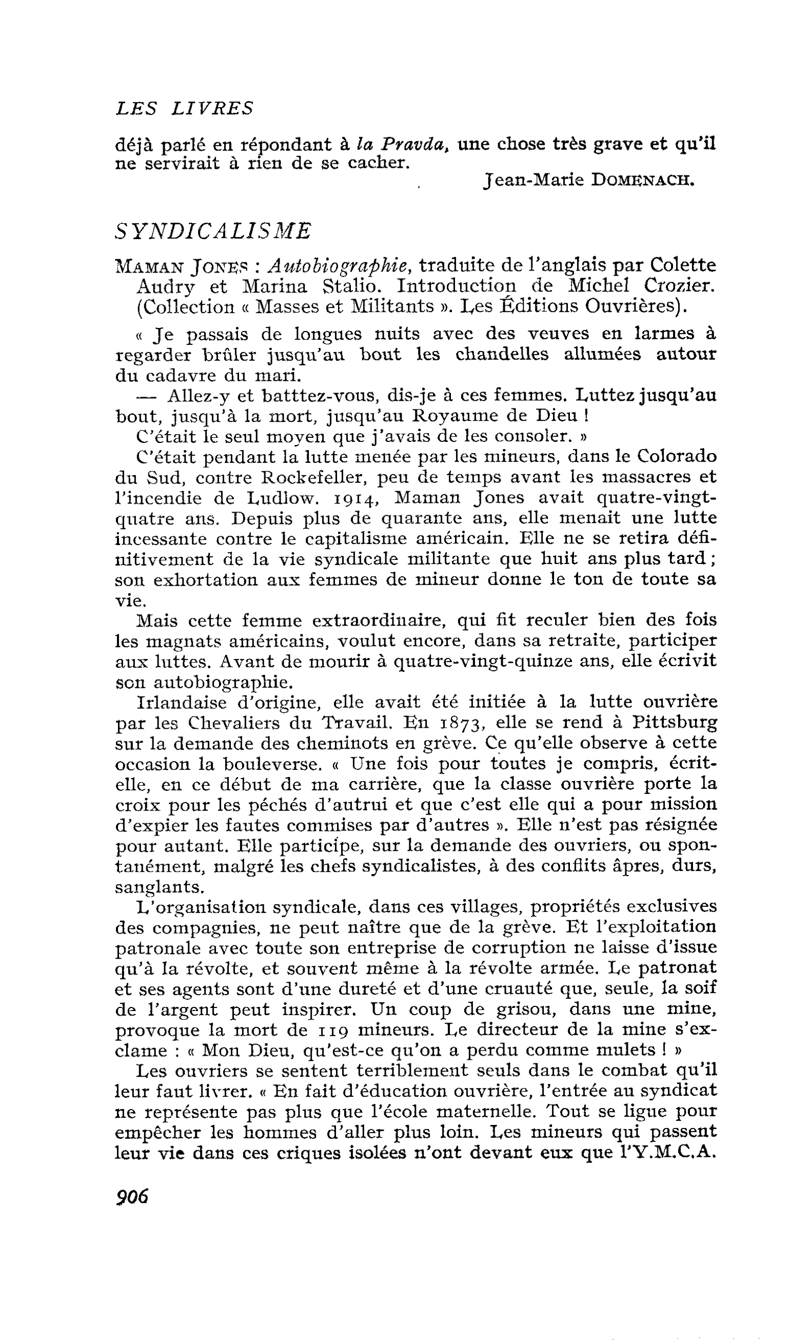 SYNDICALISME. Maman Jones : Autobiographie.