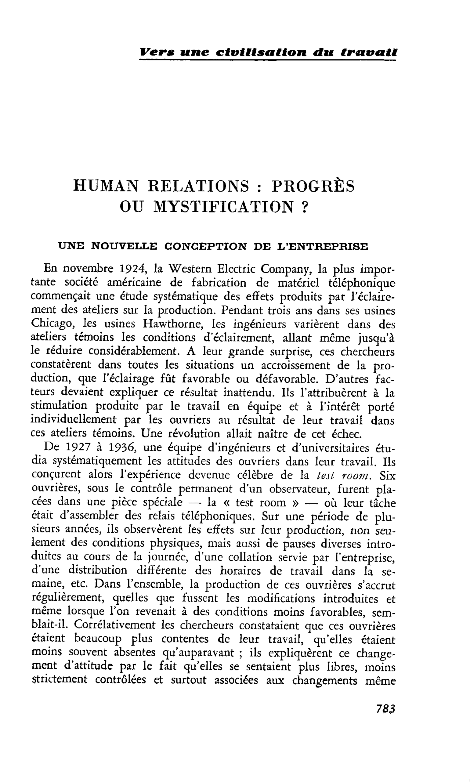 Vers une civilisation du travail. HUMAN RELATIONS : PROGRÈS OU MYSTIFICATION ?