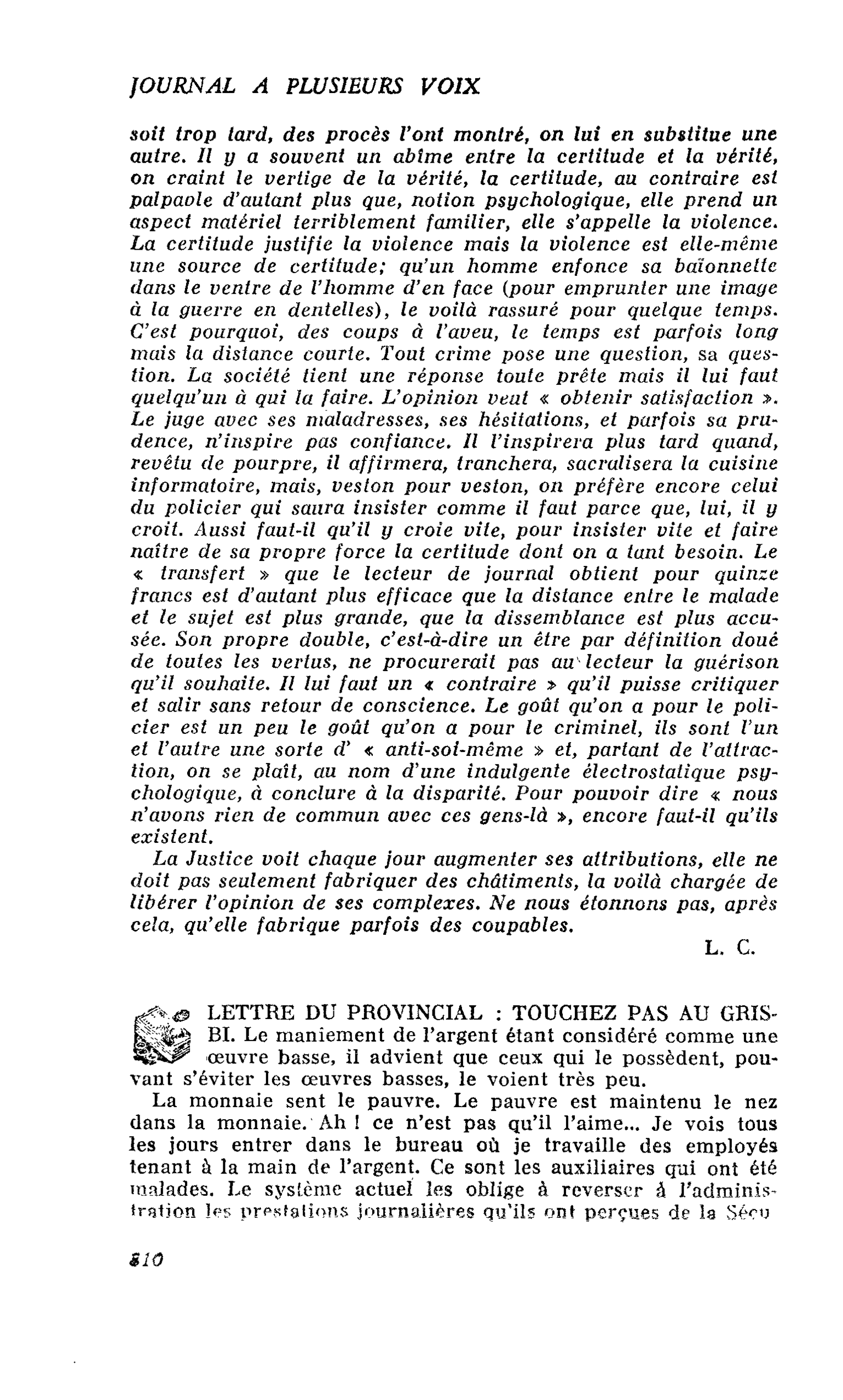 LETTRE DU PROVINCIAL : TOUCHEZ PAS AU GRIS-BI