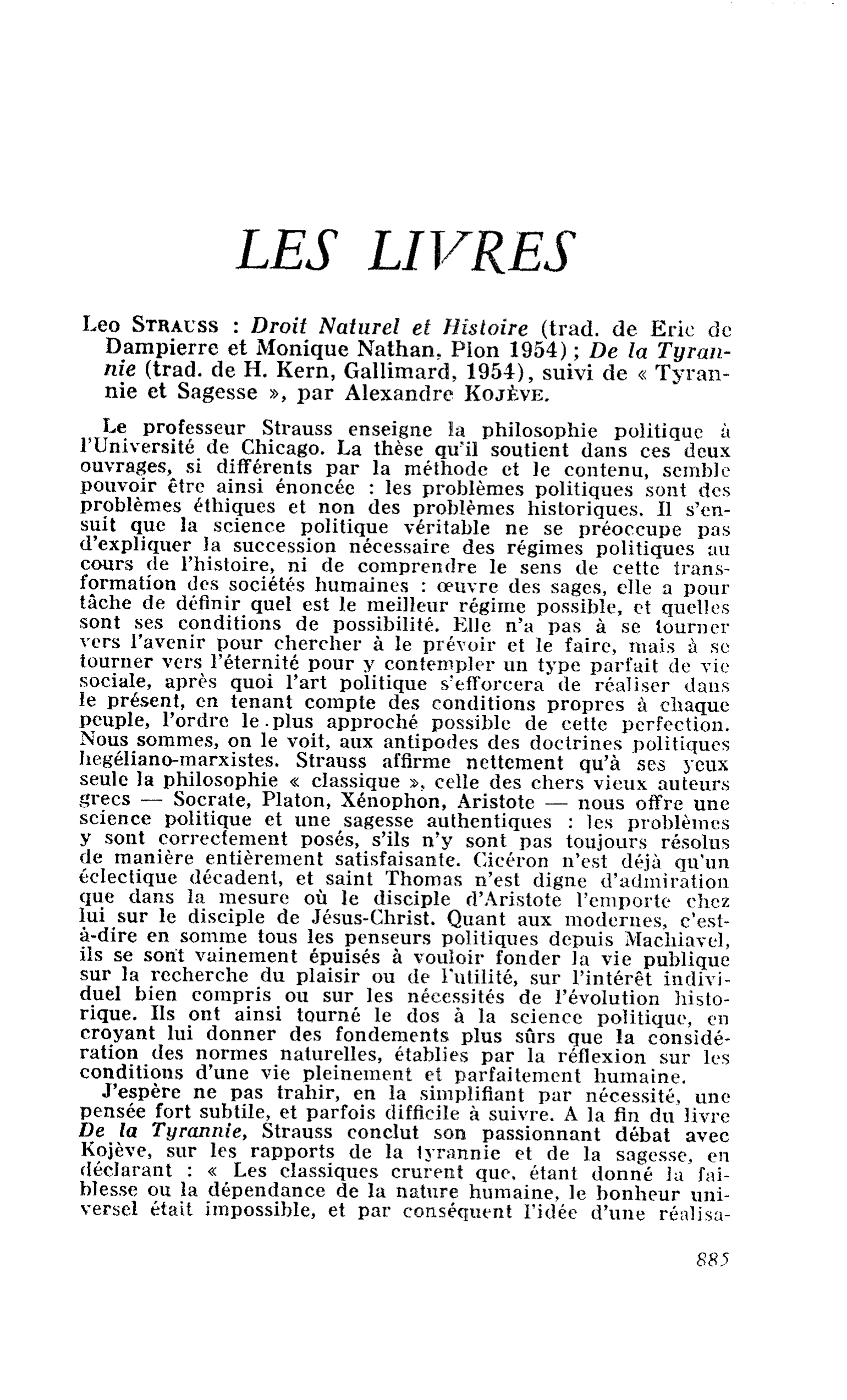Léo Strauss : Droit Naturel et Histoire ; De la Tyrannie, suivi de « Tyrannie et Sagesse », par Alexandre Kojève