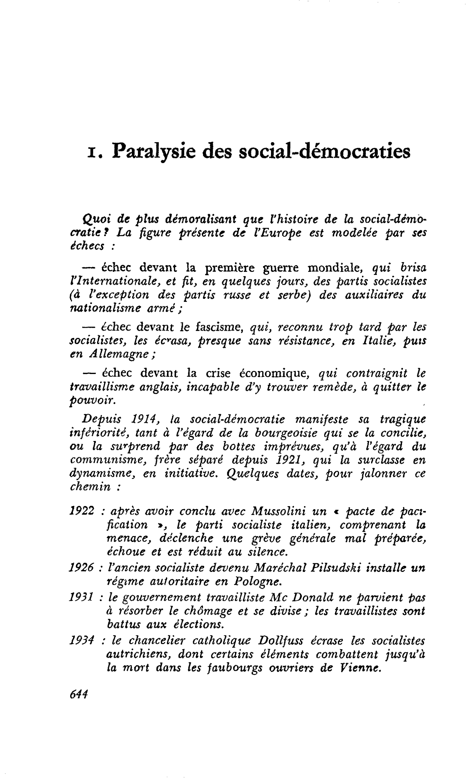 I. Paralysie des social-démocraties