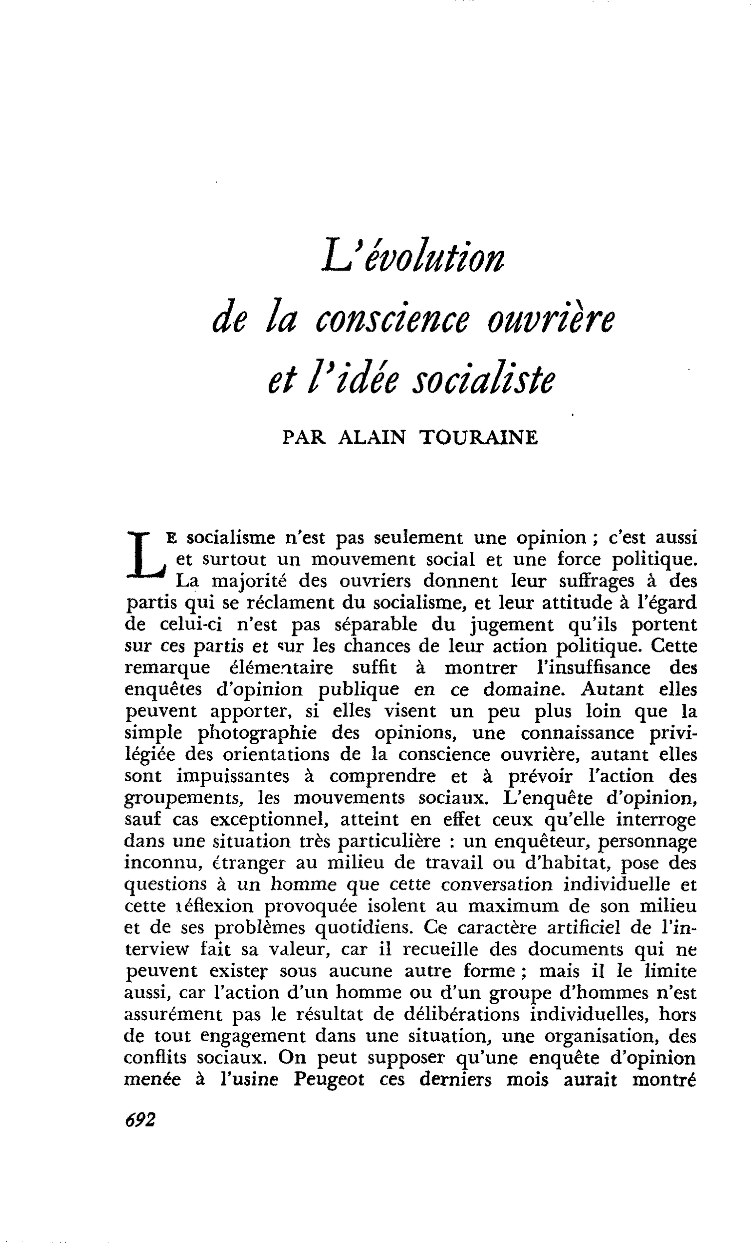 L’évolution de la conscience ouvrière et l’idée socialiste