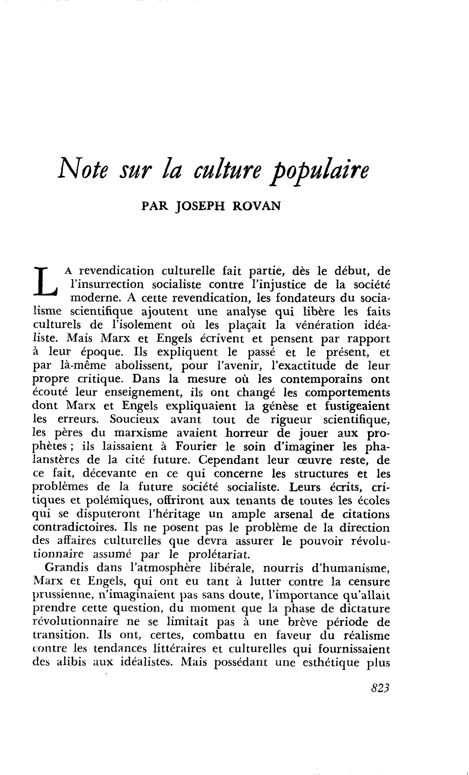 Note sur la culture populaire