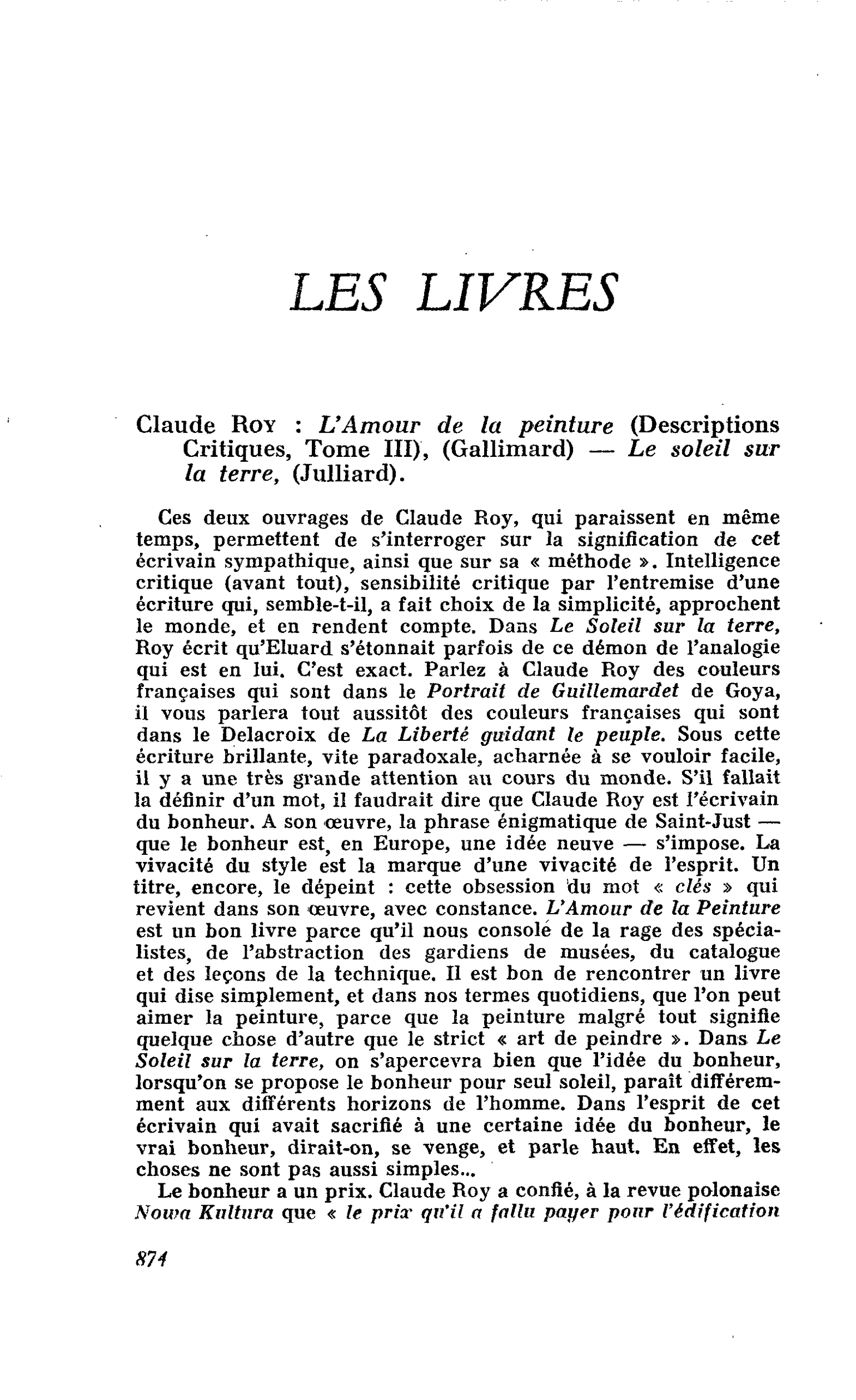 Claude Roy : L’Amour de la peinture (Descriptions Critiques, Tome III) ? Le soleil sur la terre