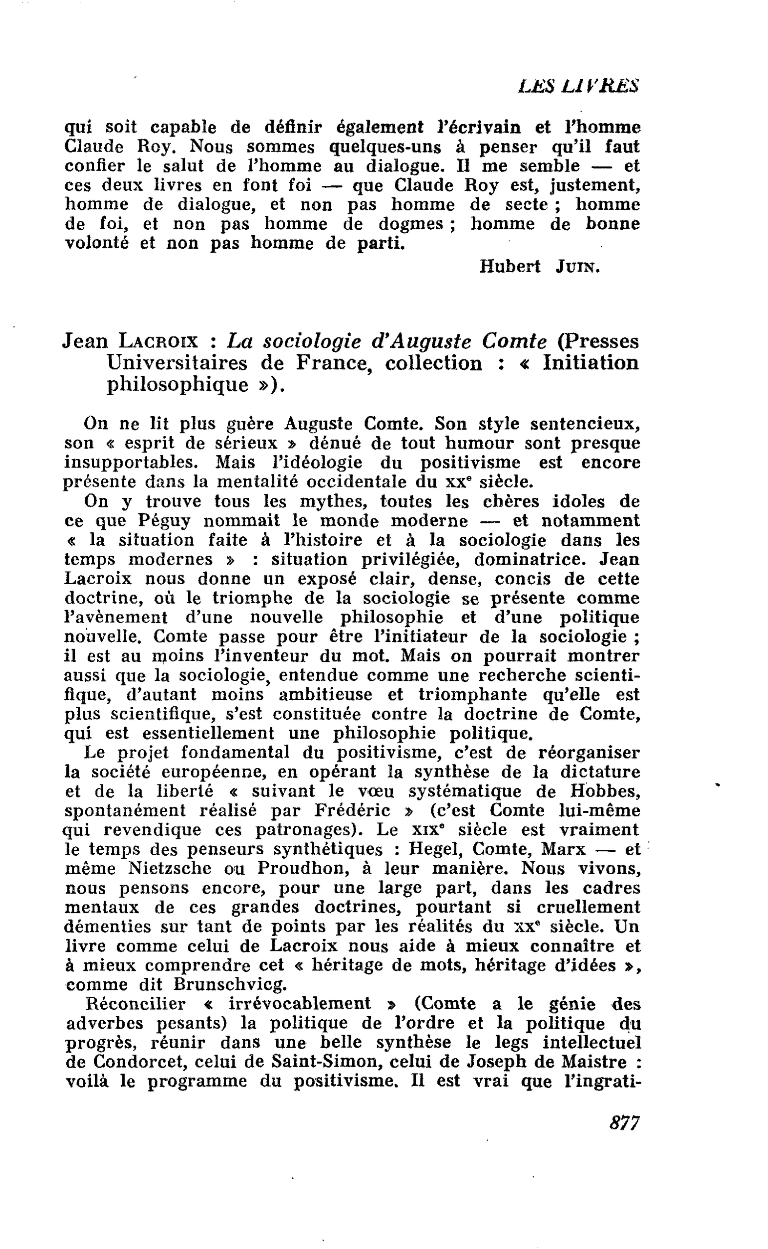 Jean Lacroix : La sociologie d’Auguste Comte