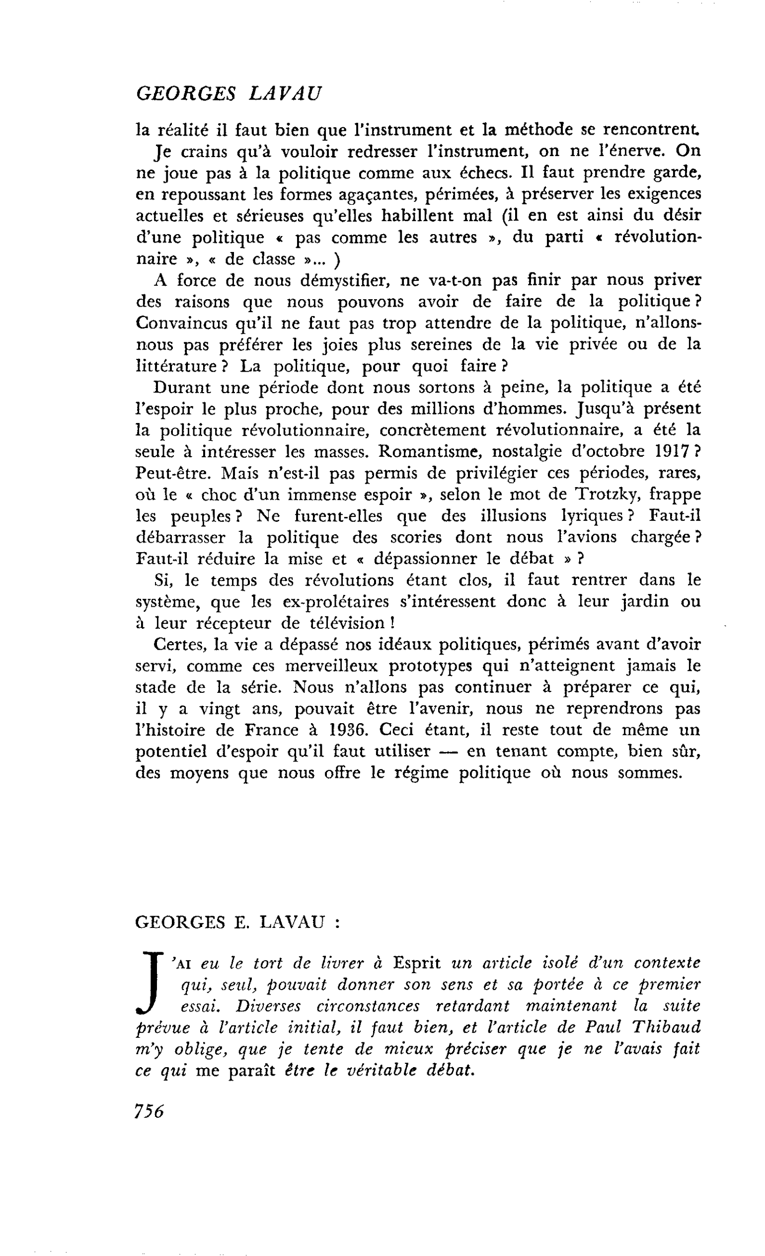 Pour une politique réelle… : GEORGES E. LAVAU