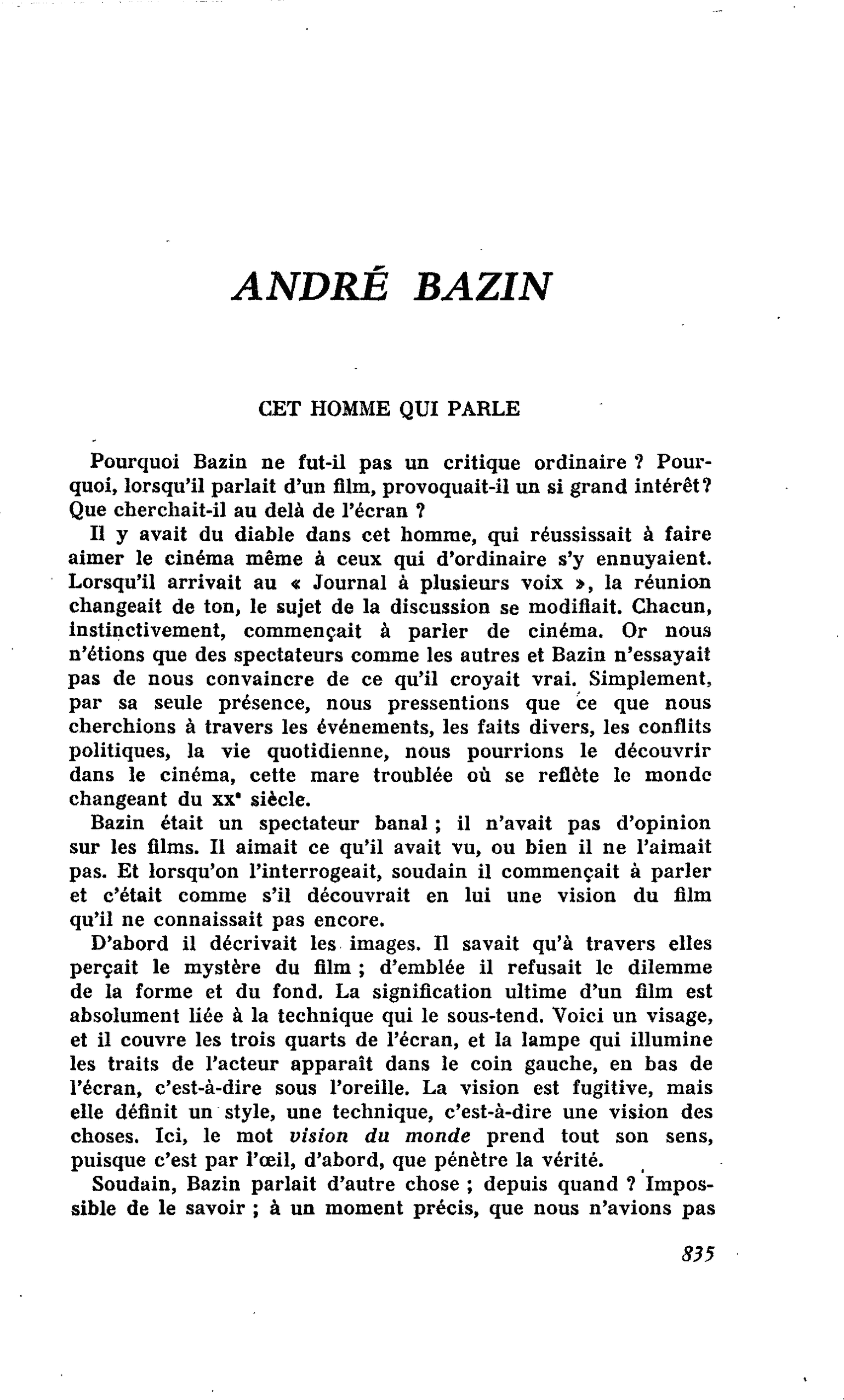 ANDRÉ BAZIN : CET HOMME QUI PARLE