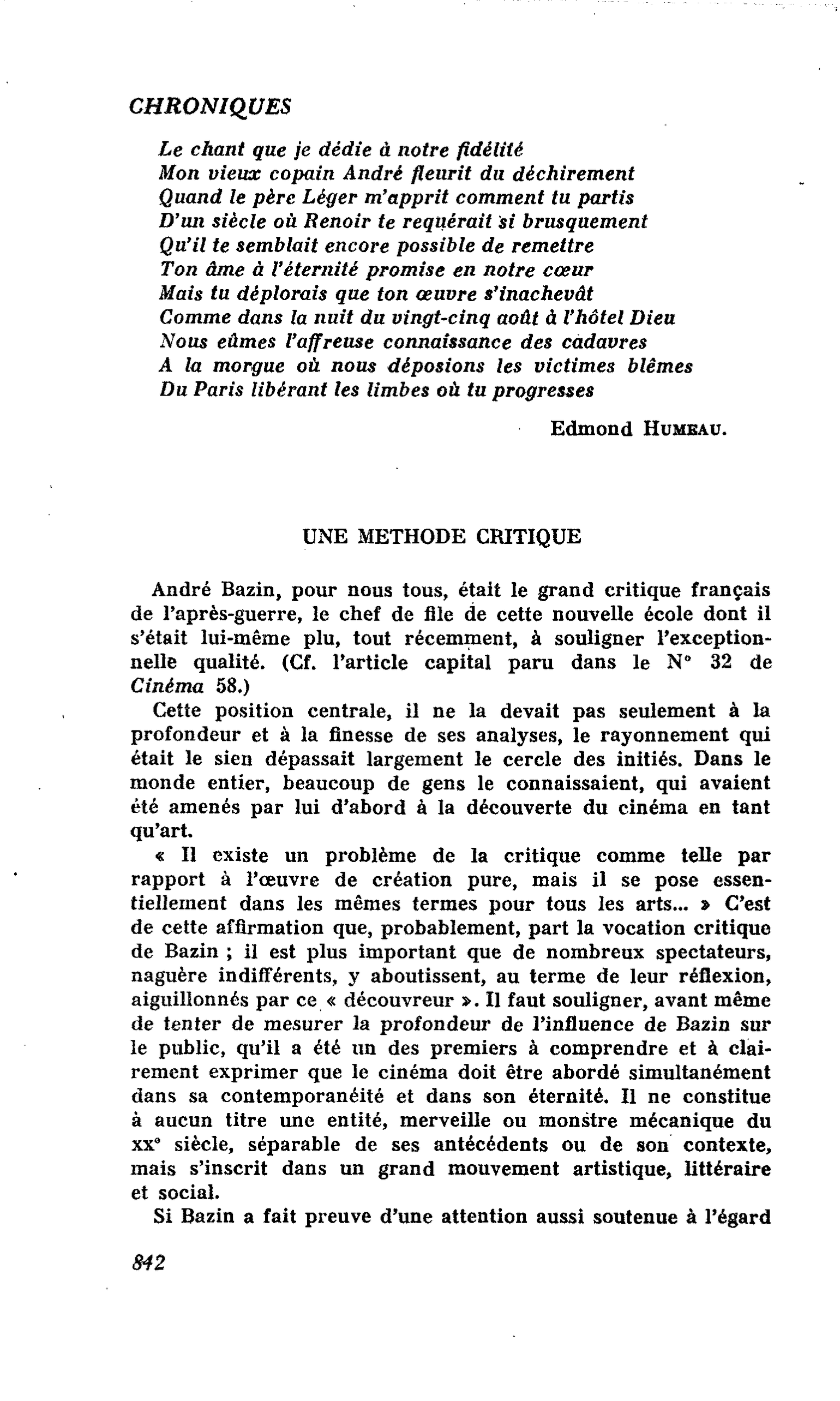 ANDRÉ BAZIN : UNE METHODE CRITIQUE