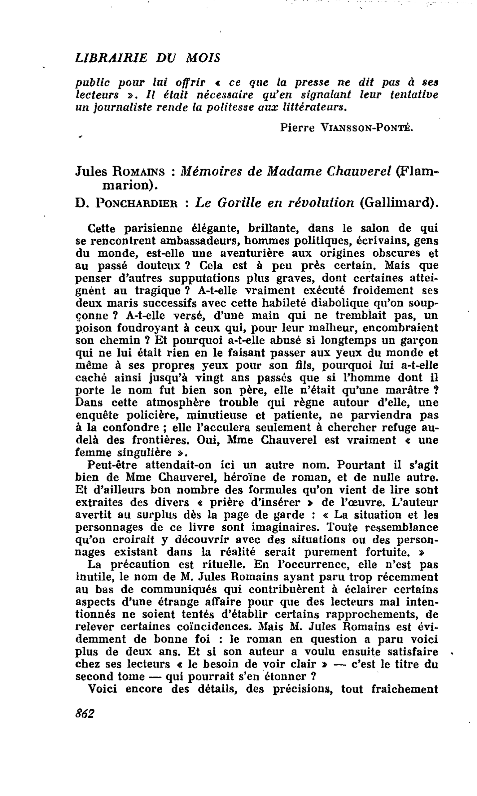 Jules Romains : Mémoires de Madame Chauverel. D. Ponchardier : Le Gorille en révolution