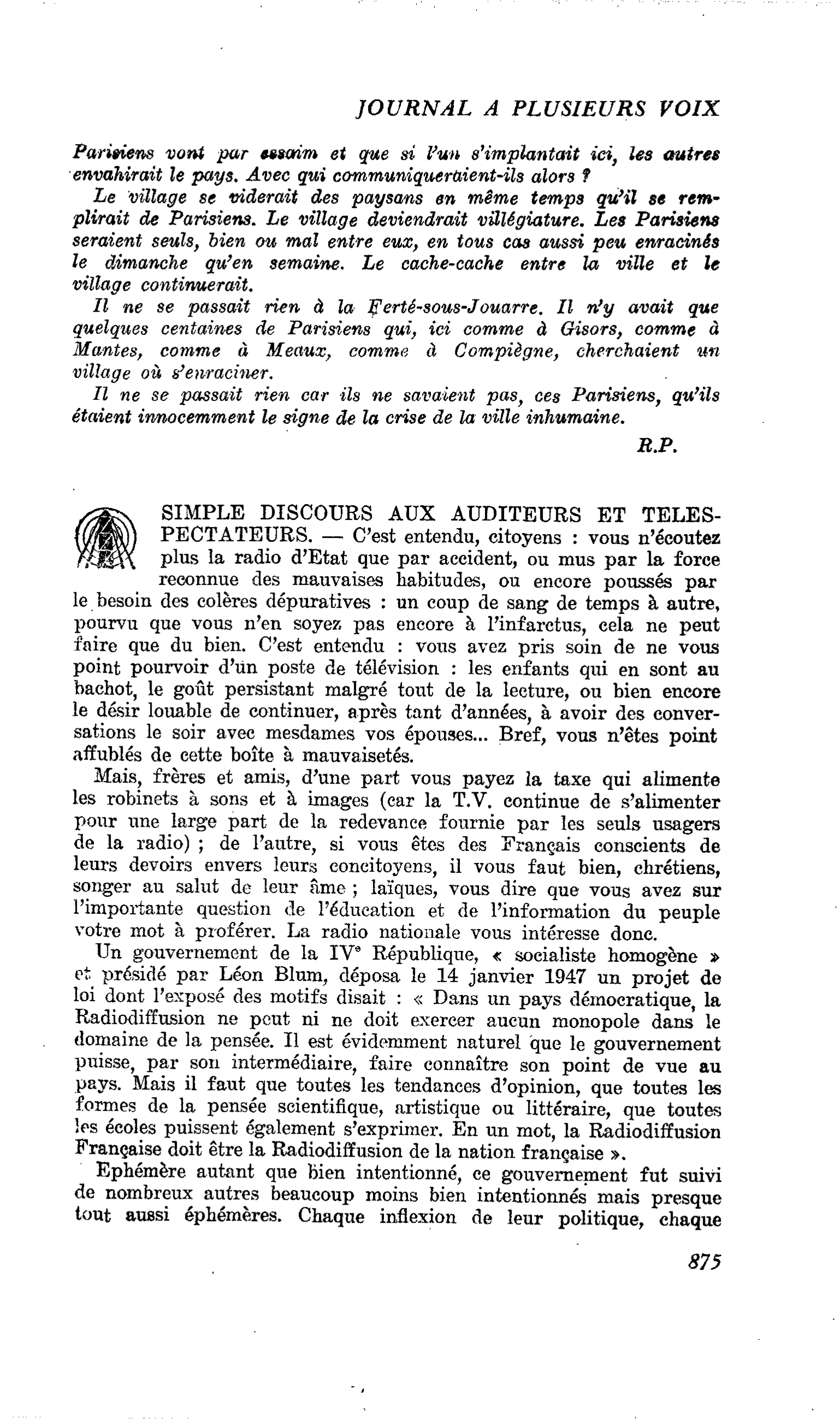 SIMPLE DISCOURS AUX AUDITEURS ET TELESPECTATEURS