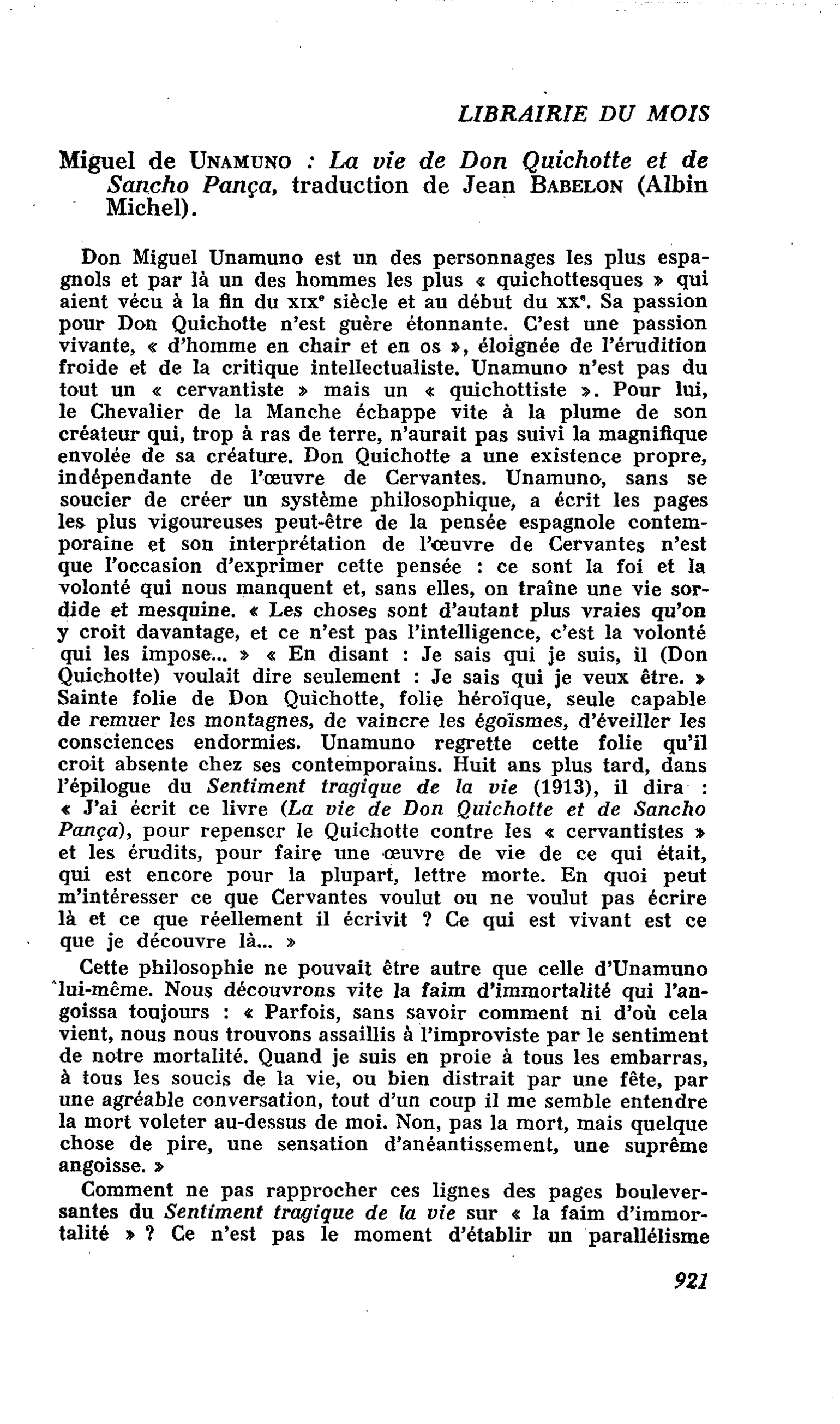 Miguel de Unamuno : La vie de Don Quichotte et de Sancho Ponça