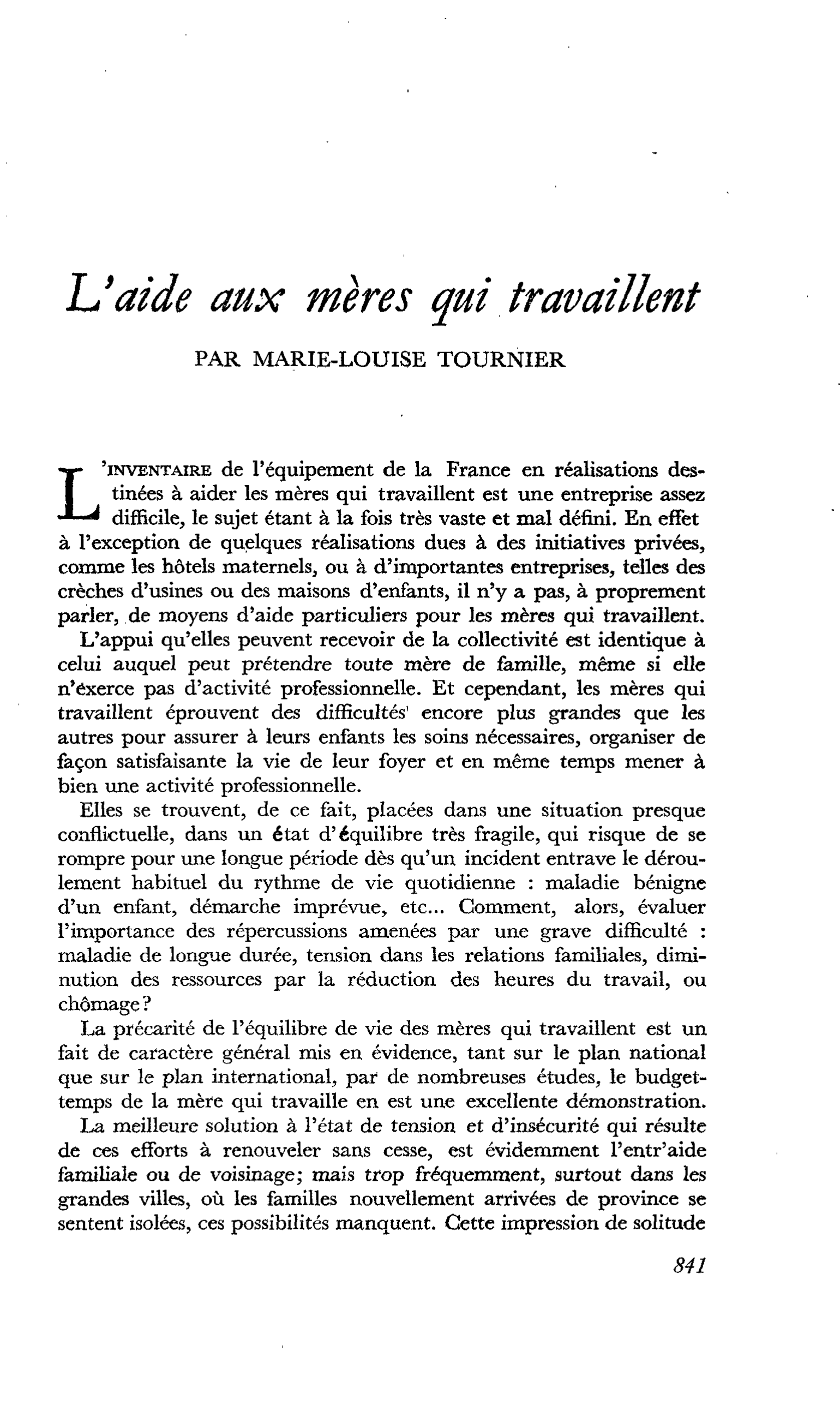 L’aide aux mères qui travaillent