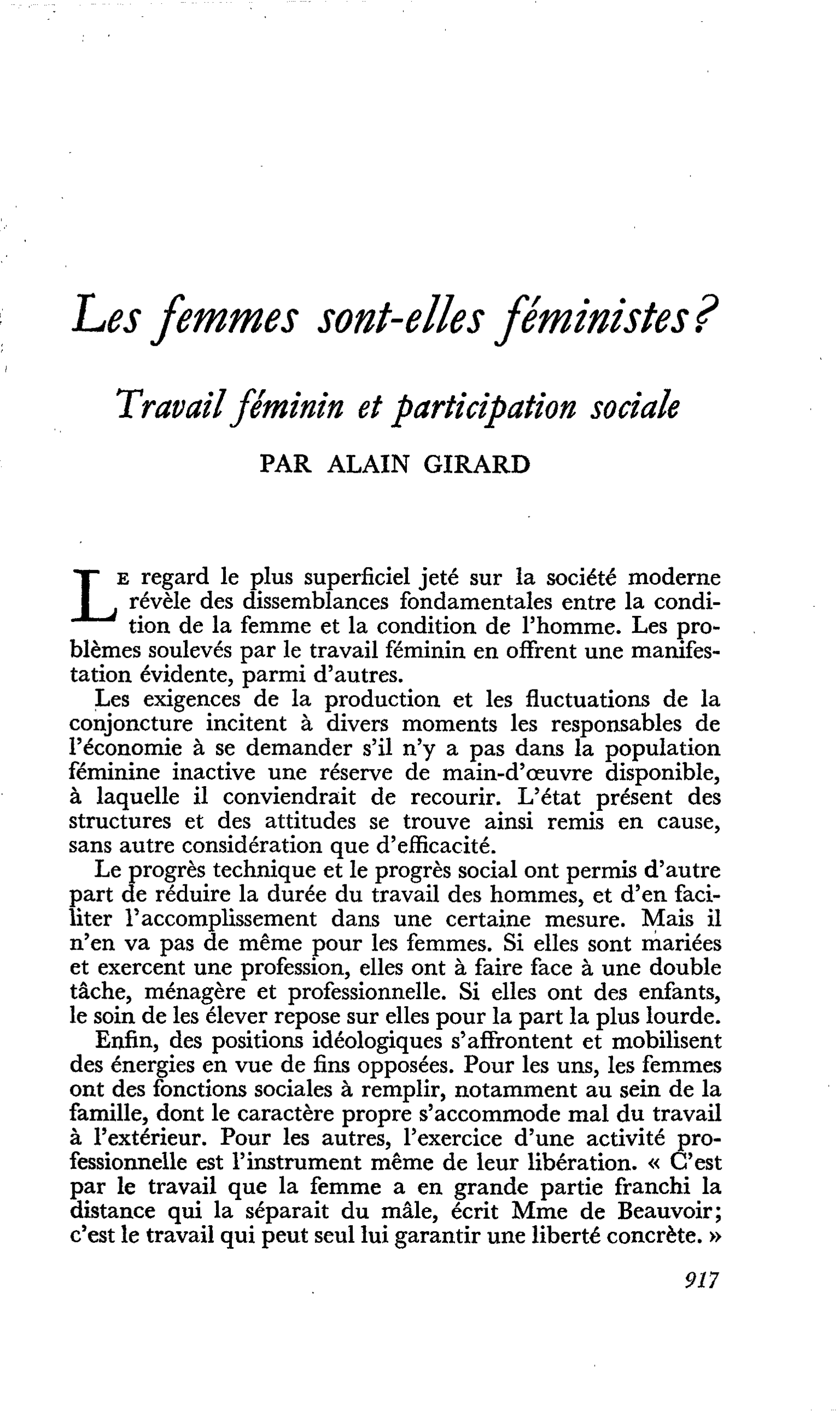 Les femmes sont-elles féministes? Travail féminin et participation sociale