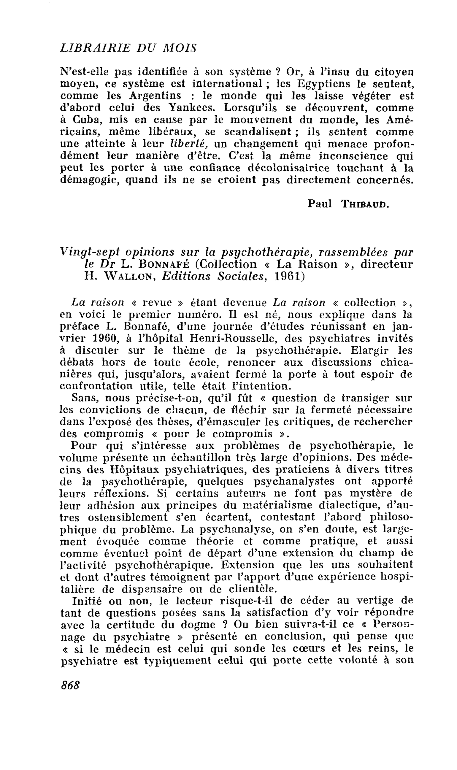 Vingt-sept opinions sur la psychothérapie, rassemblées par le Dr L. Bonnafé