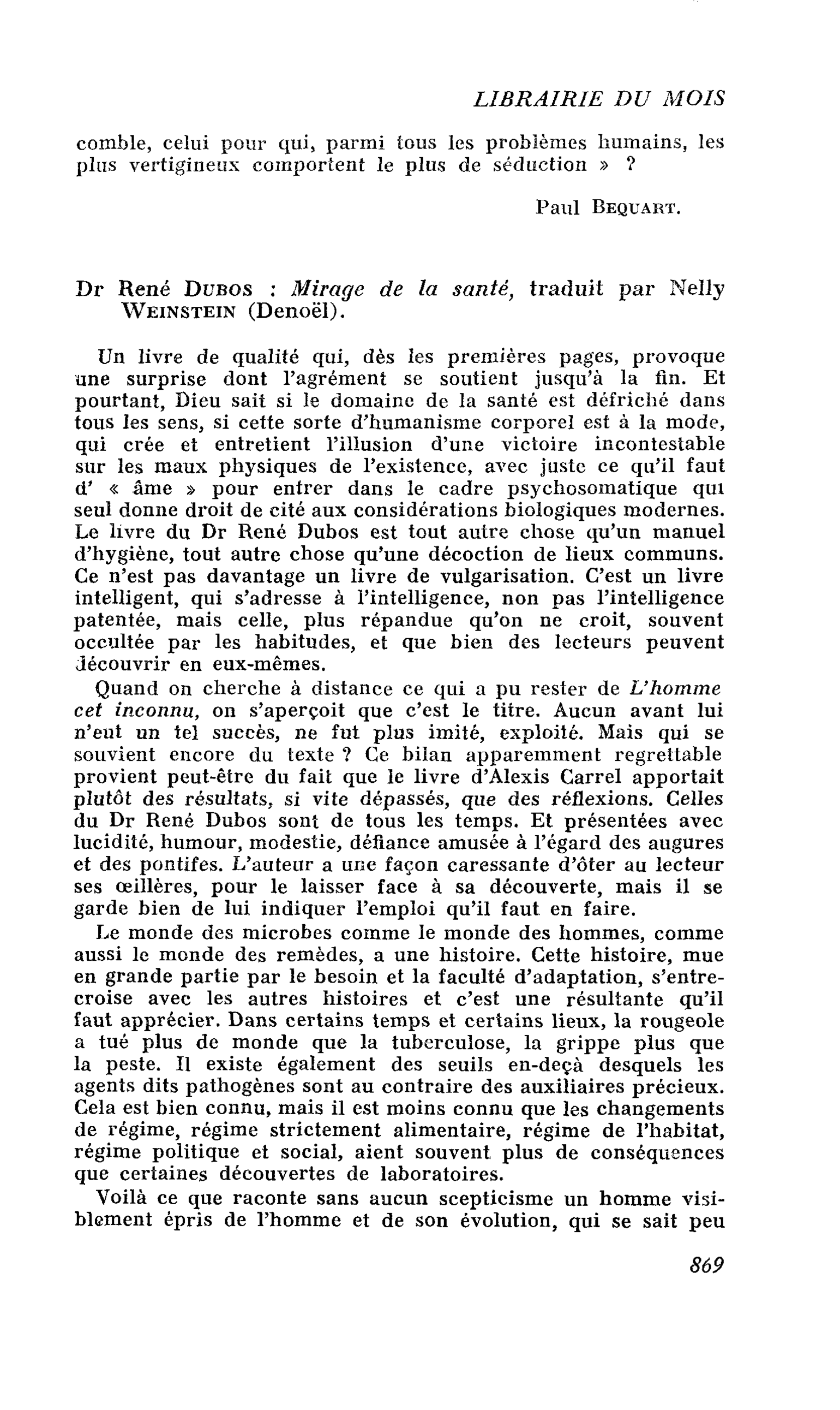 Dr René Dubos : Mirage de la santé, traduit par Nelly Weinstein