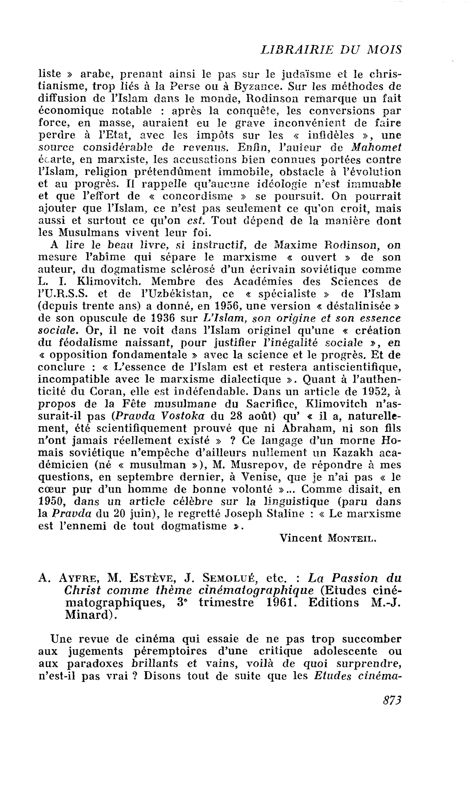 A. Ayfre, M. Estève, J. Semolué, etc. : La Passion du Christ comme thème cinématographique